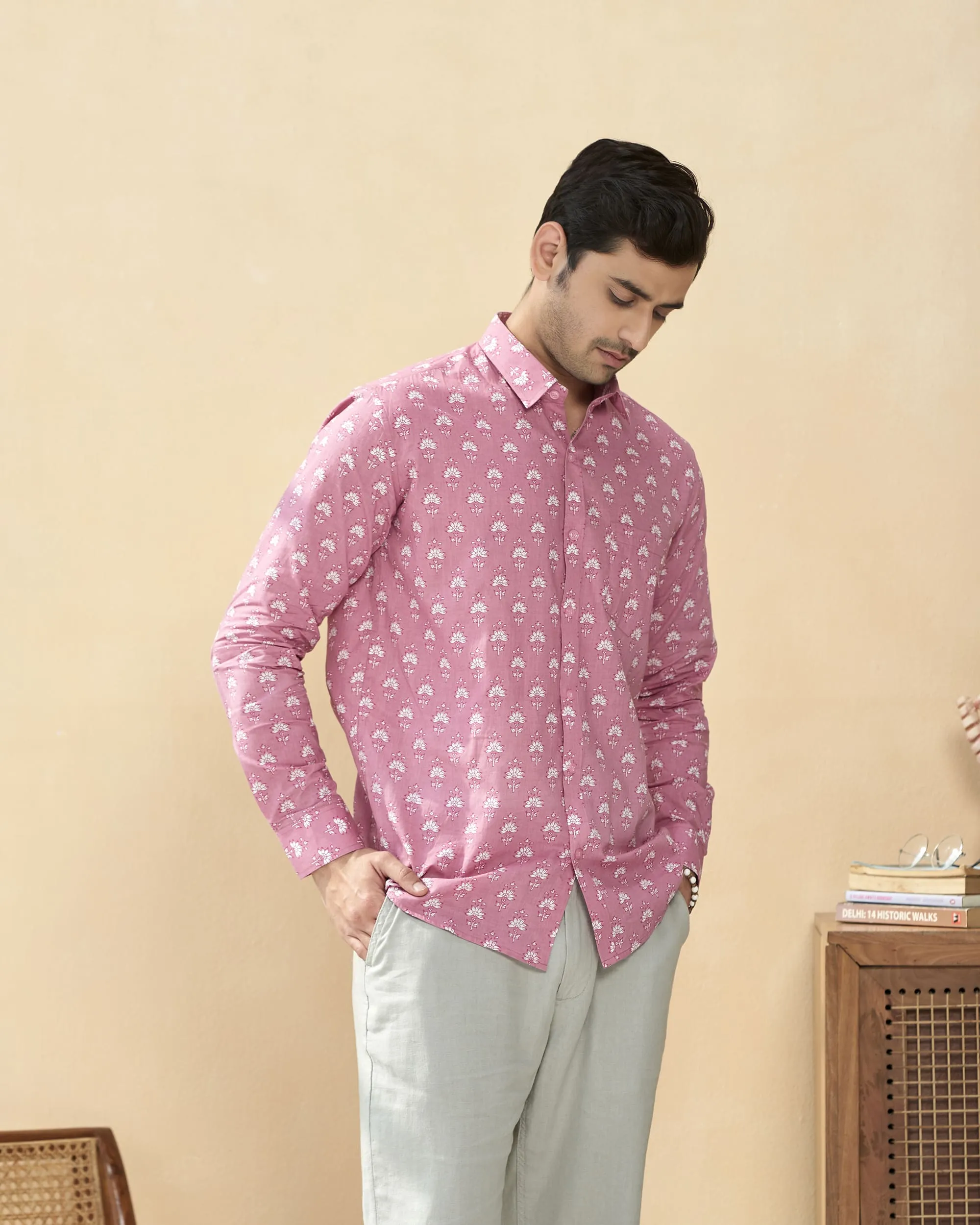 Pink Full Sleeve Cotton Hand Block Printed Men's Shirt