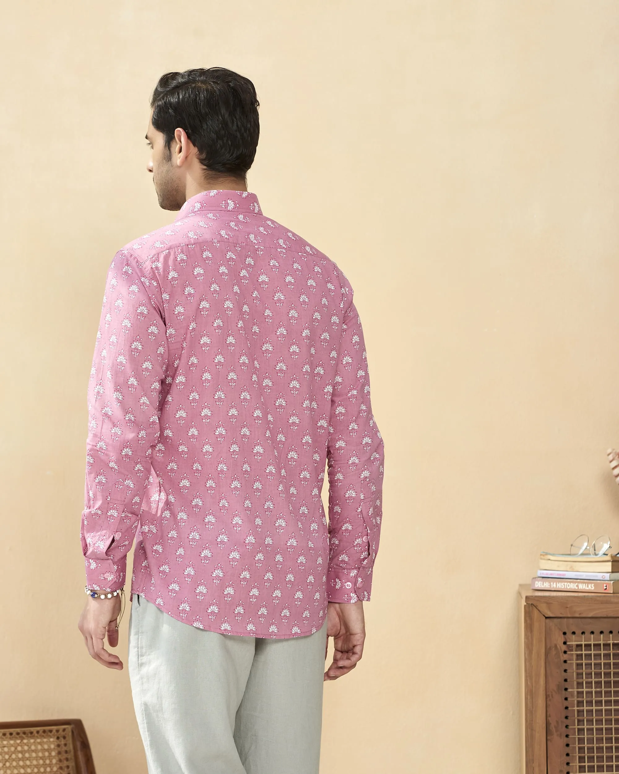 Pink Full Sleeve Cotton Hand Block Printed Men's Shirt