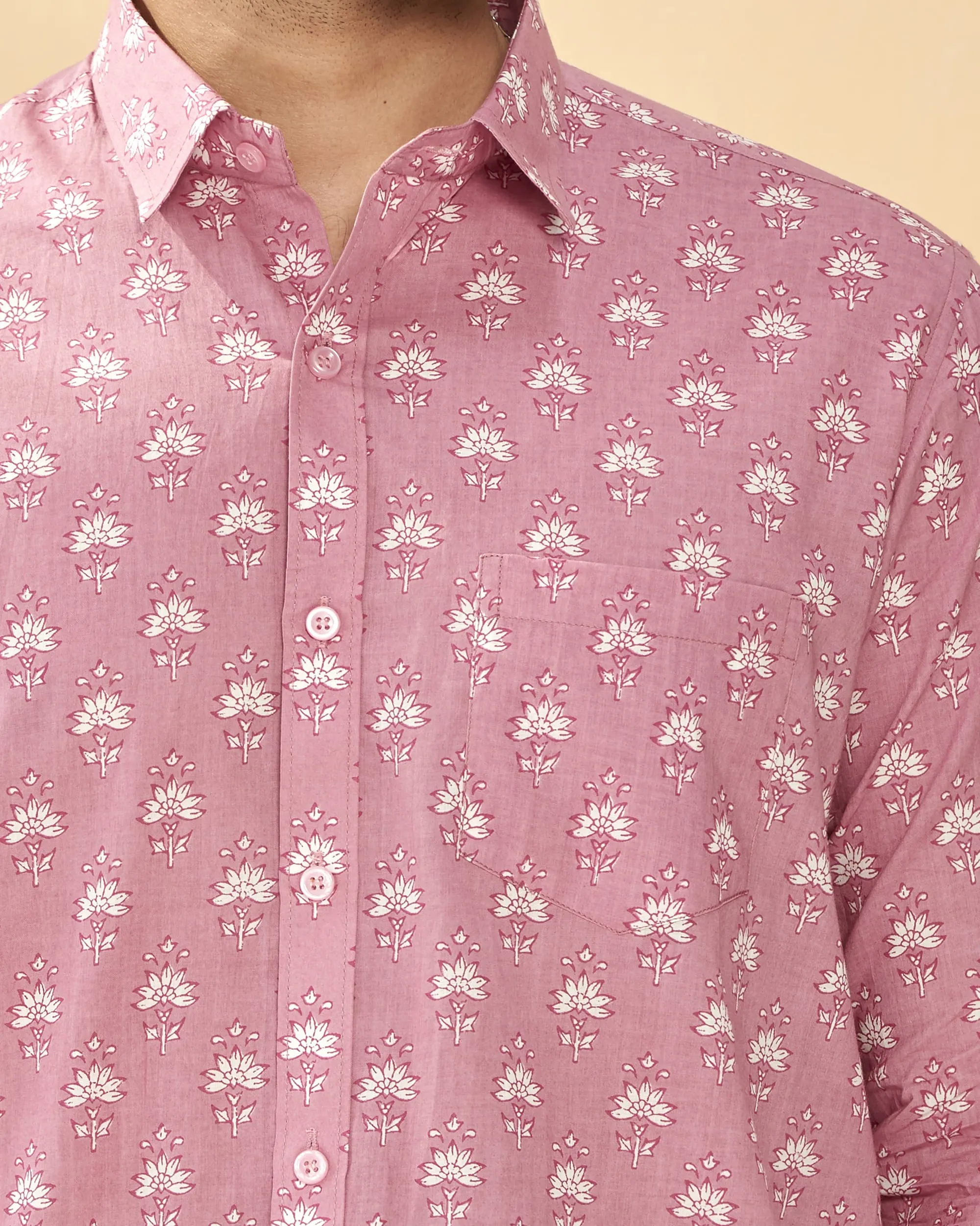 Pink Full Sleeve Cotton Hand Block Printed Men's Shirt