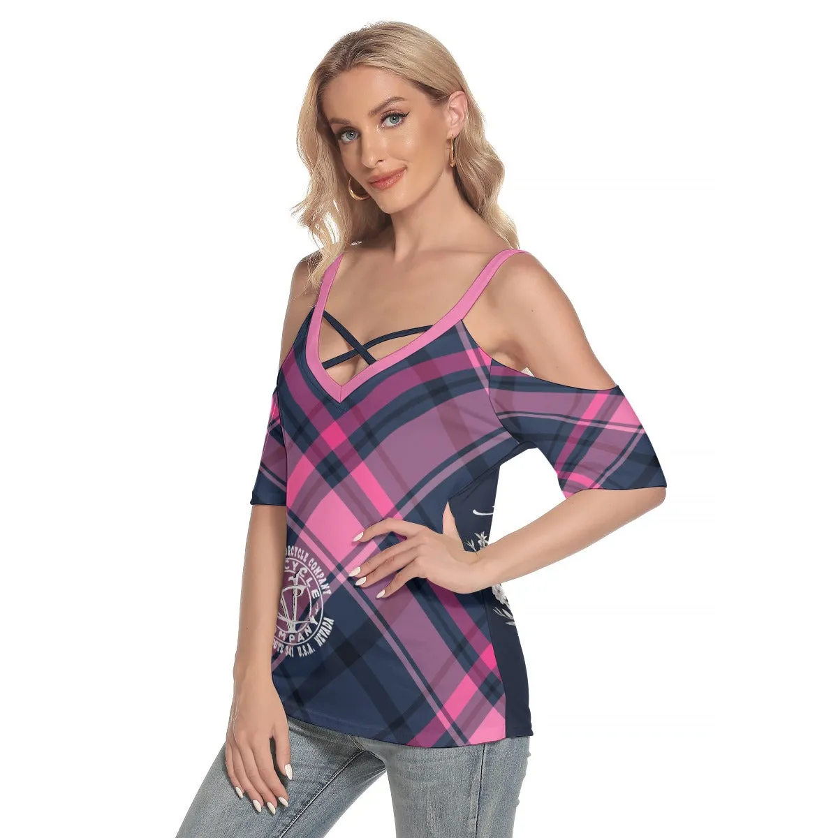 Plaid Girl Classic Bike - Ladies Off The Shoulder Motorcycle Blouse