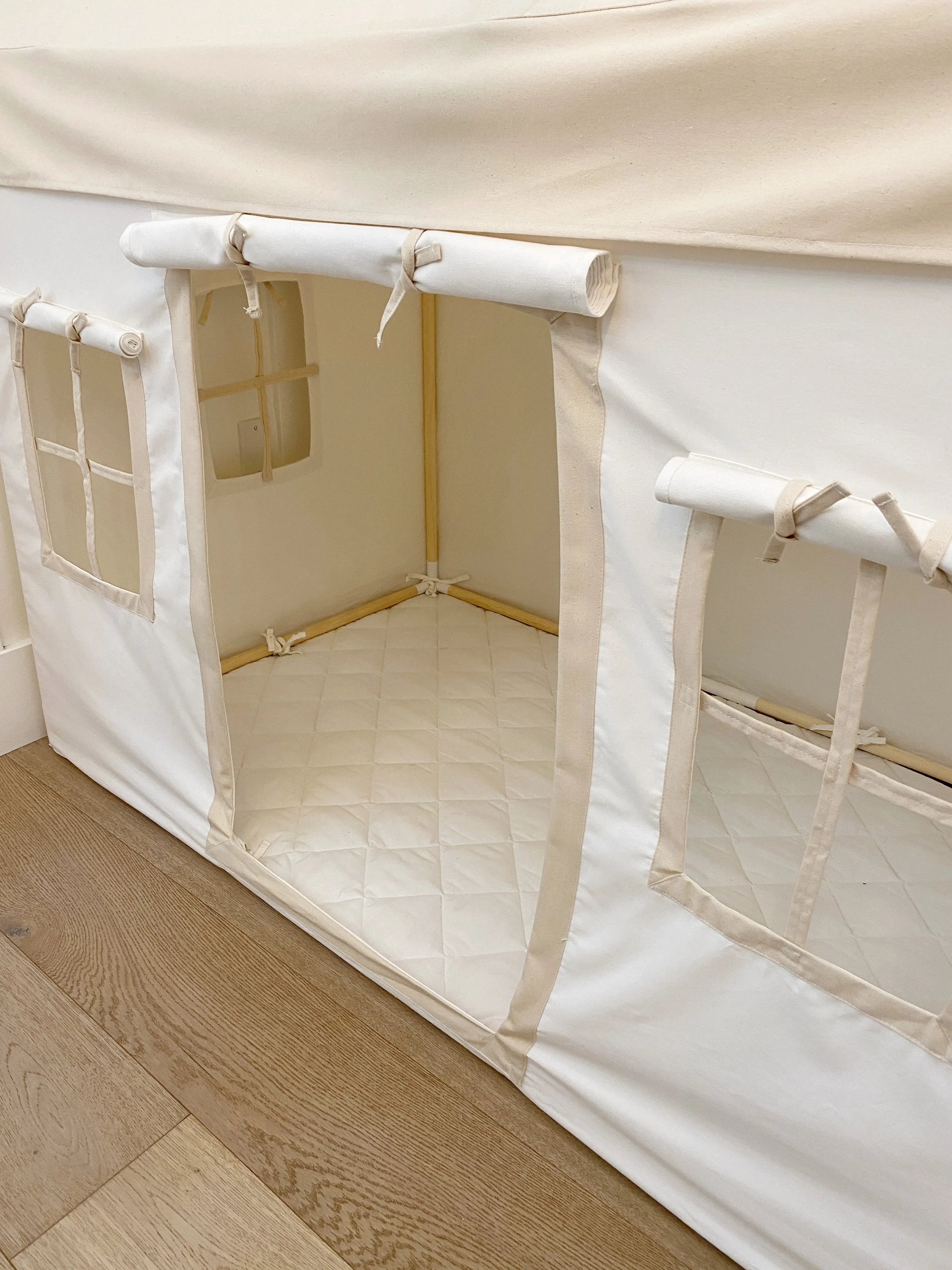 Playhouse Mat | Quilted White Canvas | Non-Slip Back | Ties to Playhouse Poles | 57" X 35.5"