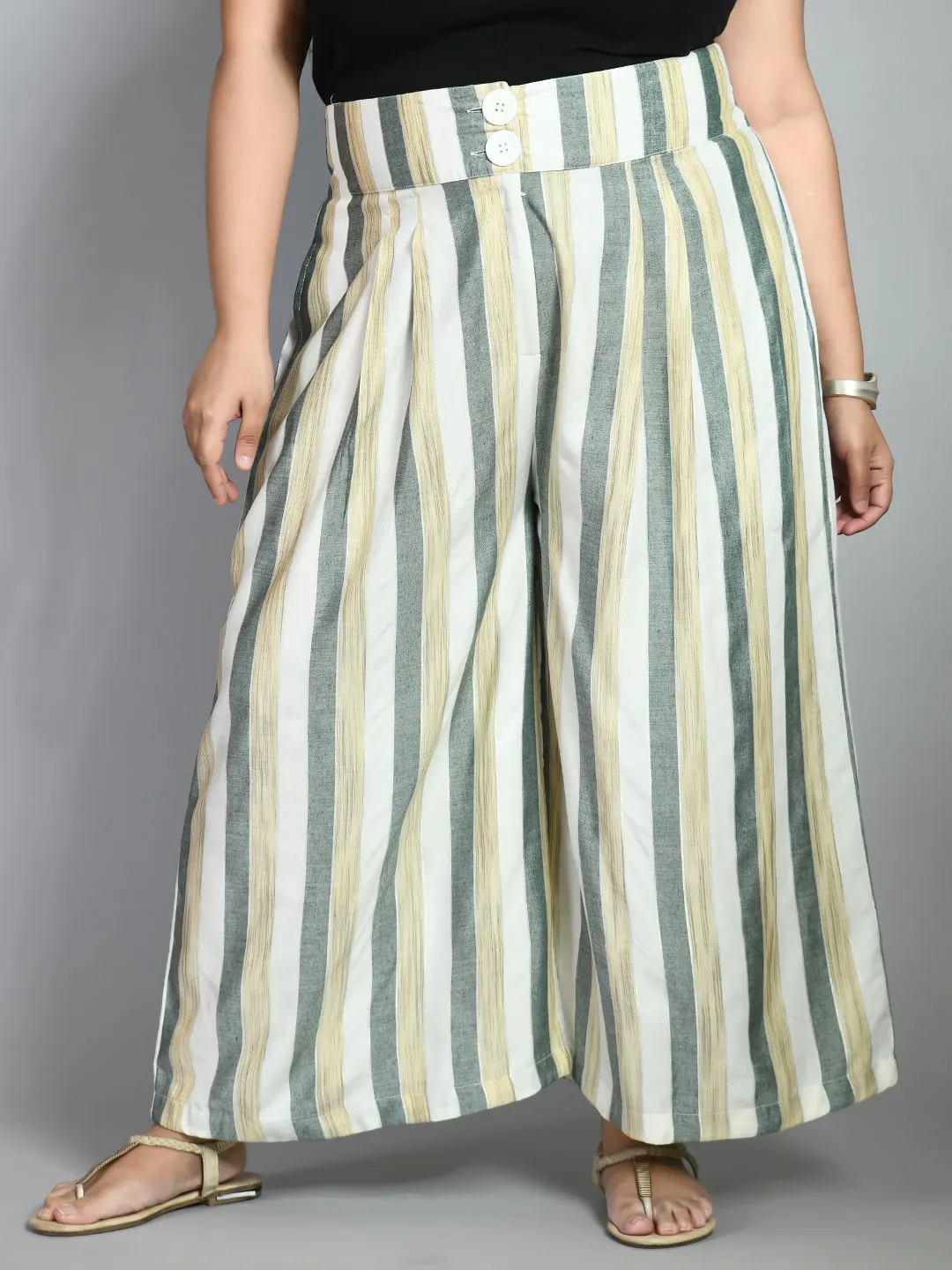 Plus Size Plus Size Striped White & Green Culottes