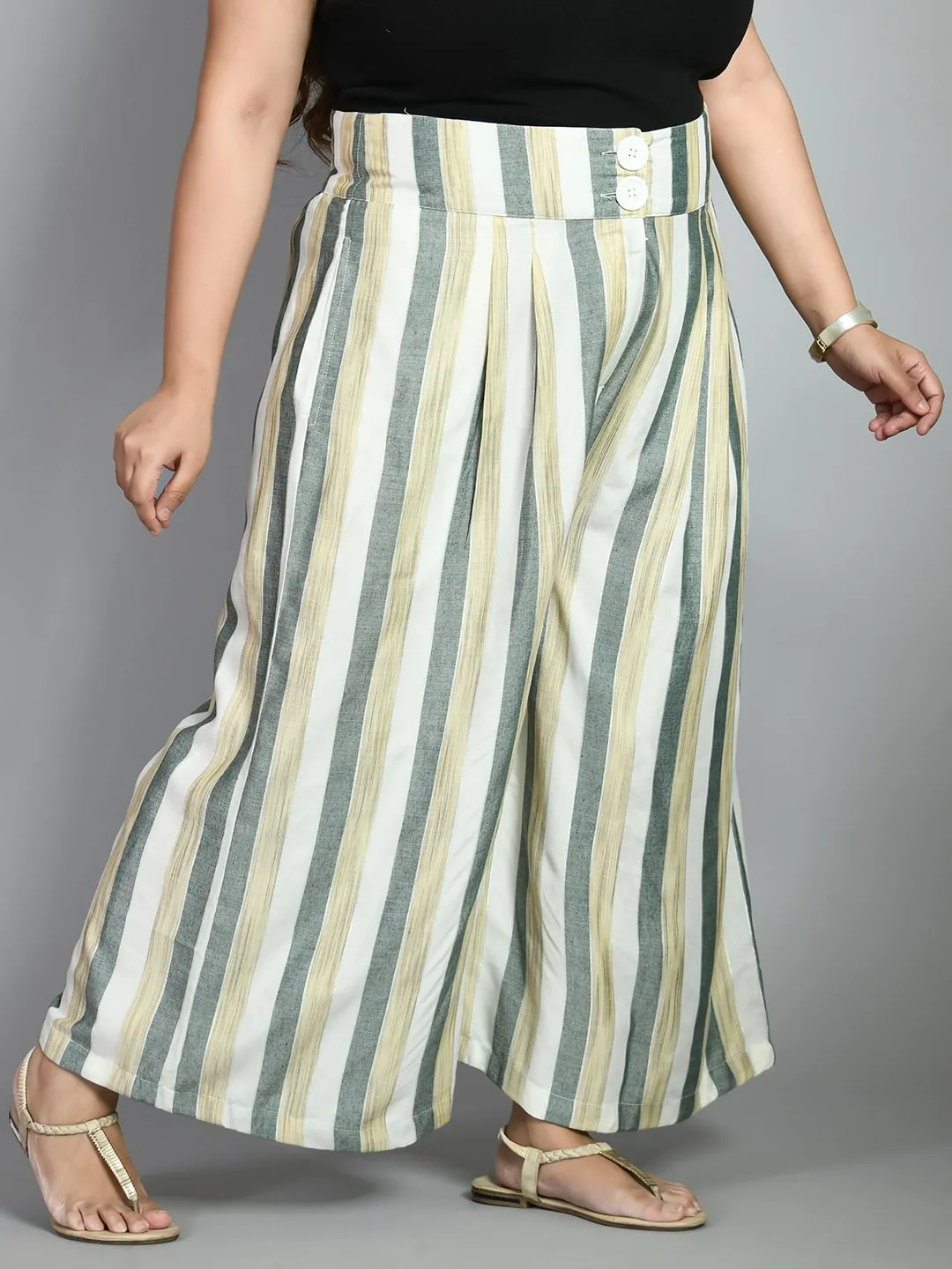 Plus Size Plus Size Striped White & Green Culottes