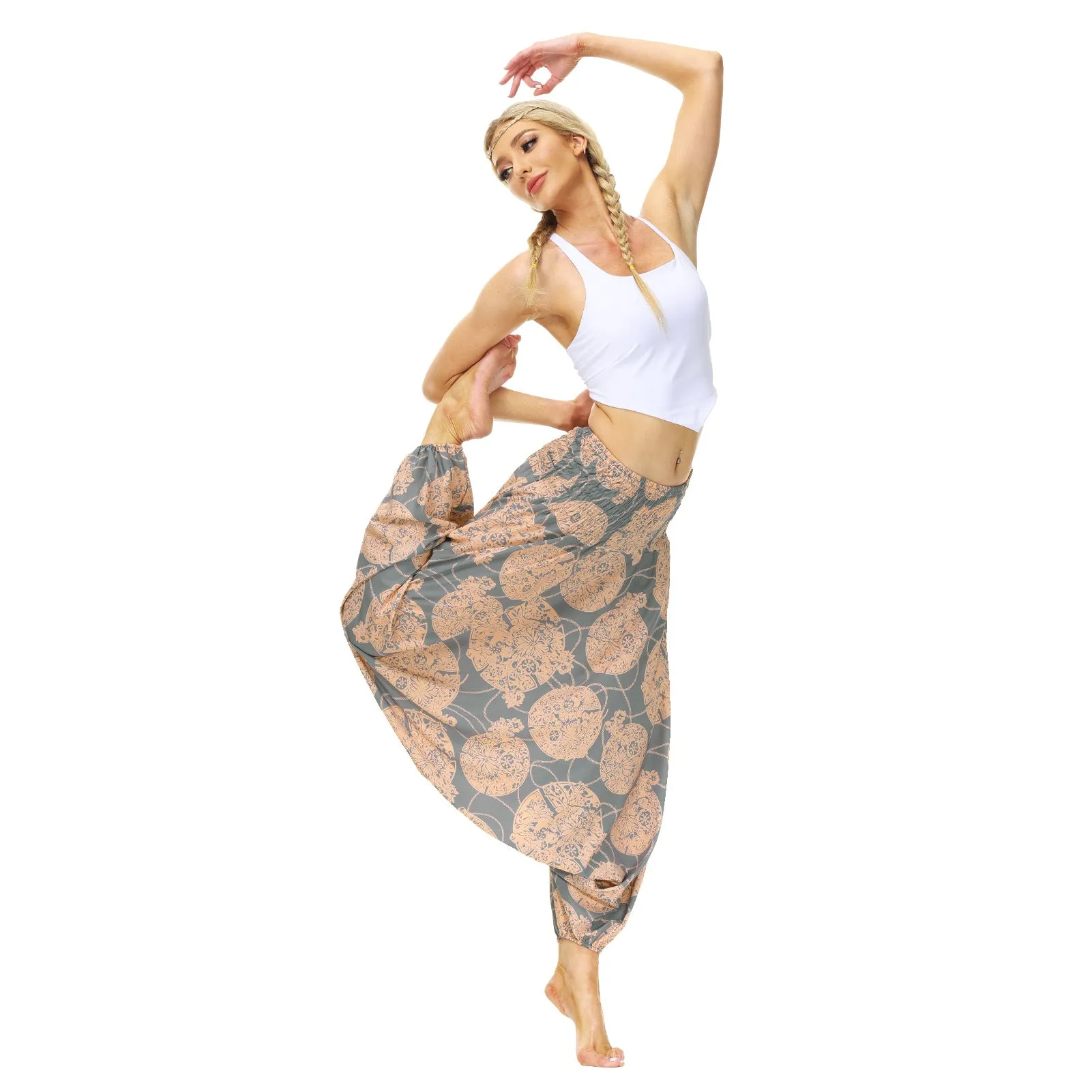 Popular Ethnic Style Printed Lantern Pants, Home Outdoor Yoga Pants, Elastic Waist Pants