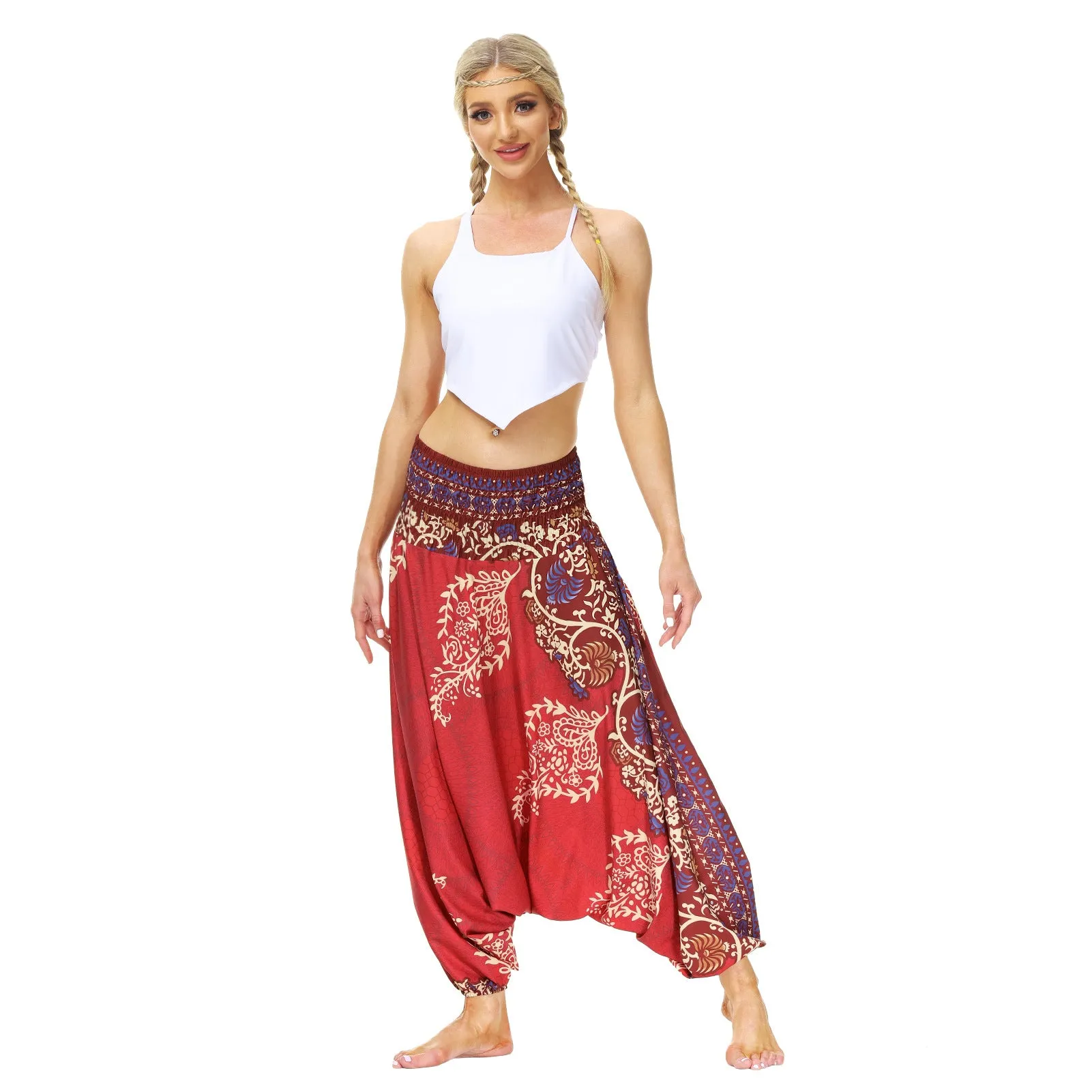 Popular Ethnic Style Printed Lantern Pants, Home Outdoor Yoga Pants, Elastic Waist Pants