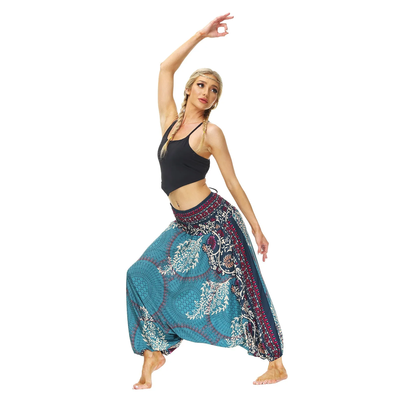 Popular Ethnic Style Printed Lantern Pants, Home Outdoor Yoga Pants, Elastic Waist Pants