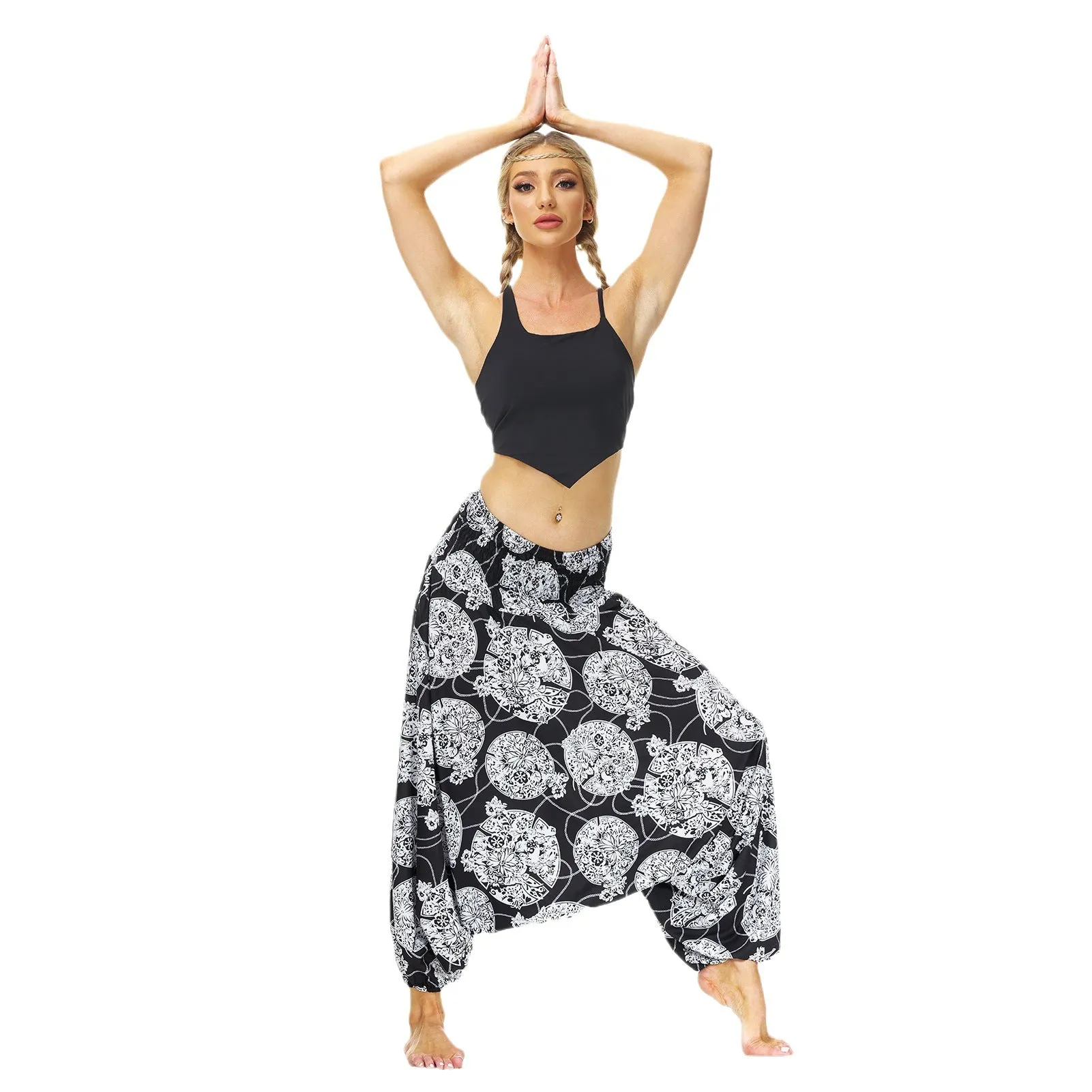 Popular Ethnic Style Printed Lantern Pants, Home Outdoor Yoga Pants, Elastic Waist Pants