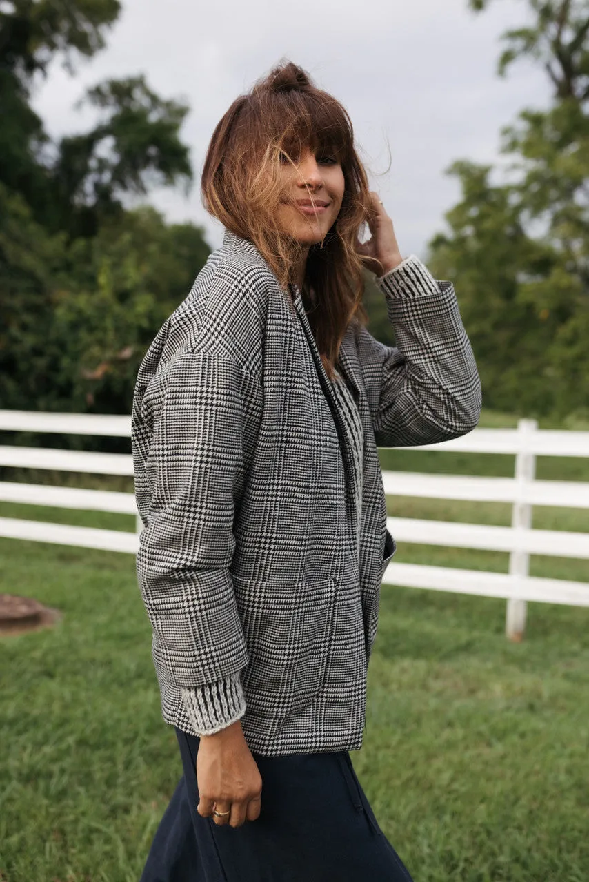 Portuguese Wool Pieper Coat in Black and Cream Houndstooth Plaid Weave - Pre-Order 12/31