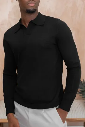 Premium Knitted Long Sleeve Open Neck Polo - Black