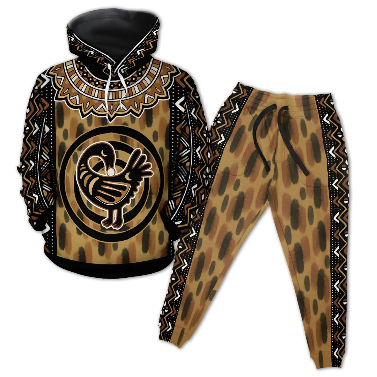 Printed Mud Cloth and Adinkra Symbol All-over Hoodie and Joggers Set