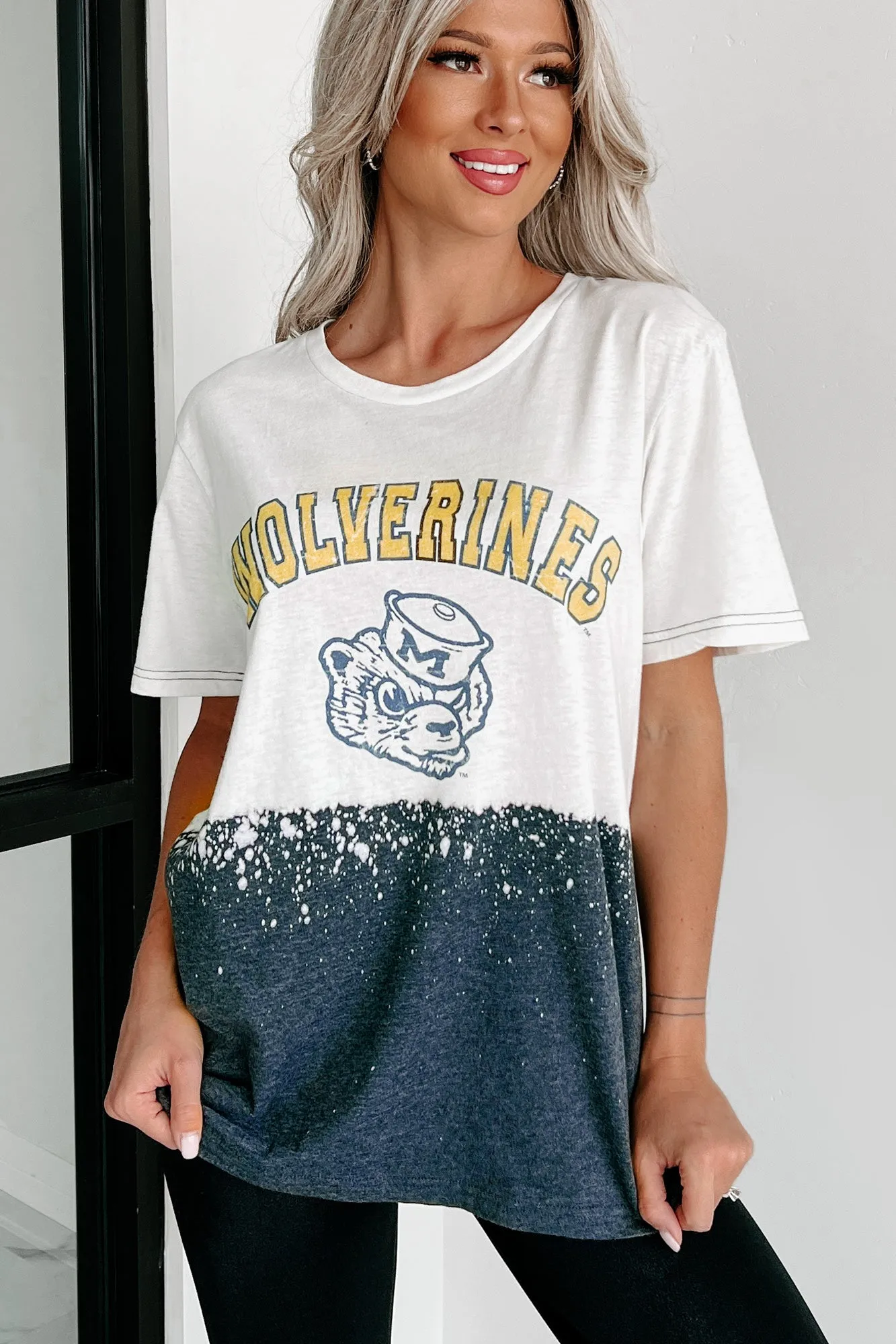 "Wolverines" Bleached Dyed Graphic T-Shirt (White/Charcoal Grey)