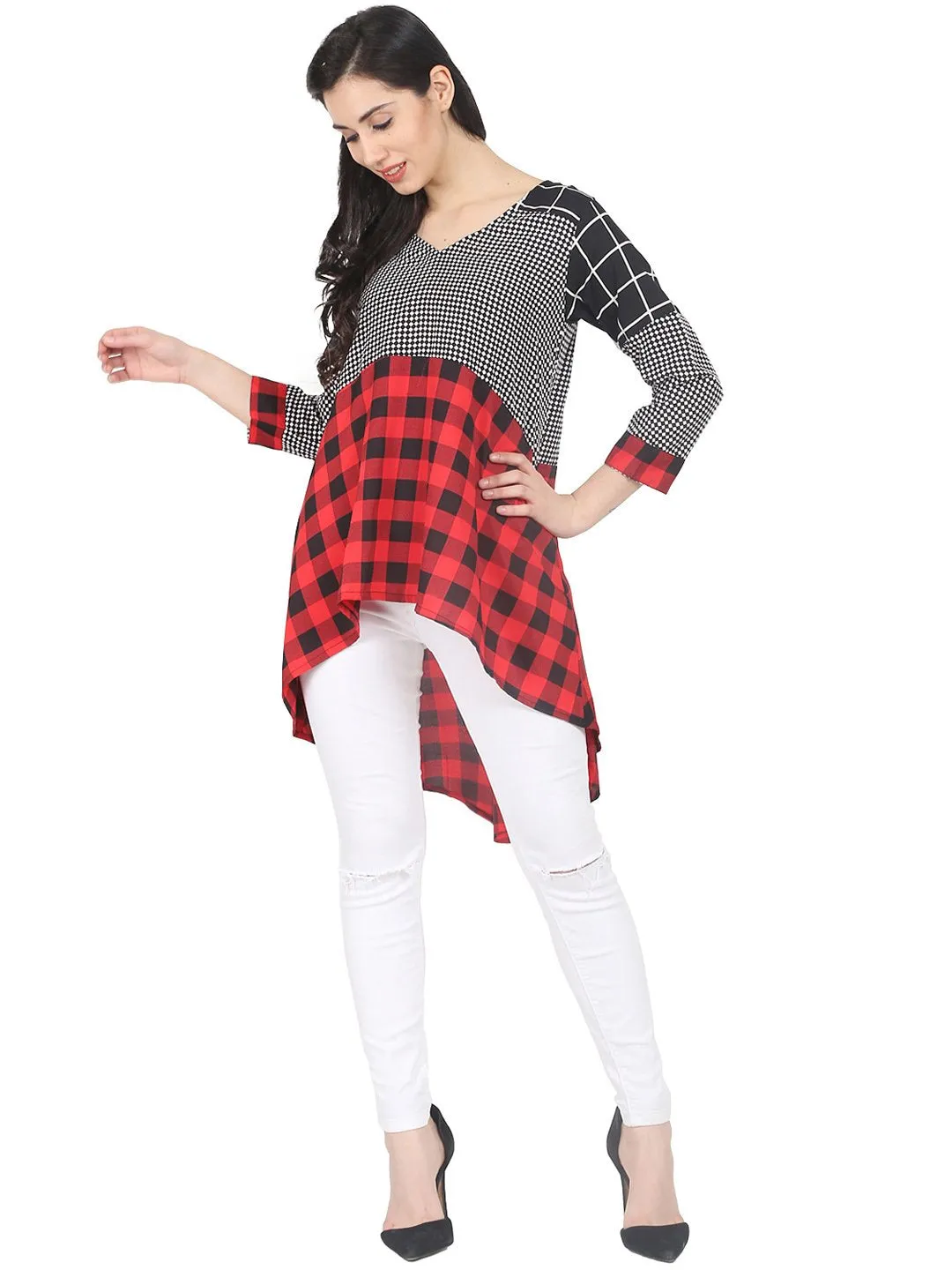 Red & Black Check 3/4Th Sleeve Crepe Low High Tunic