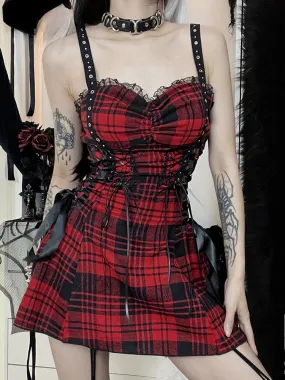 Red Corset Mini Eyelet Fairy Goth Plaid Street Lolita Lace-Up Pleated Tube Grunge Y2K Outfit