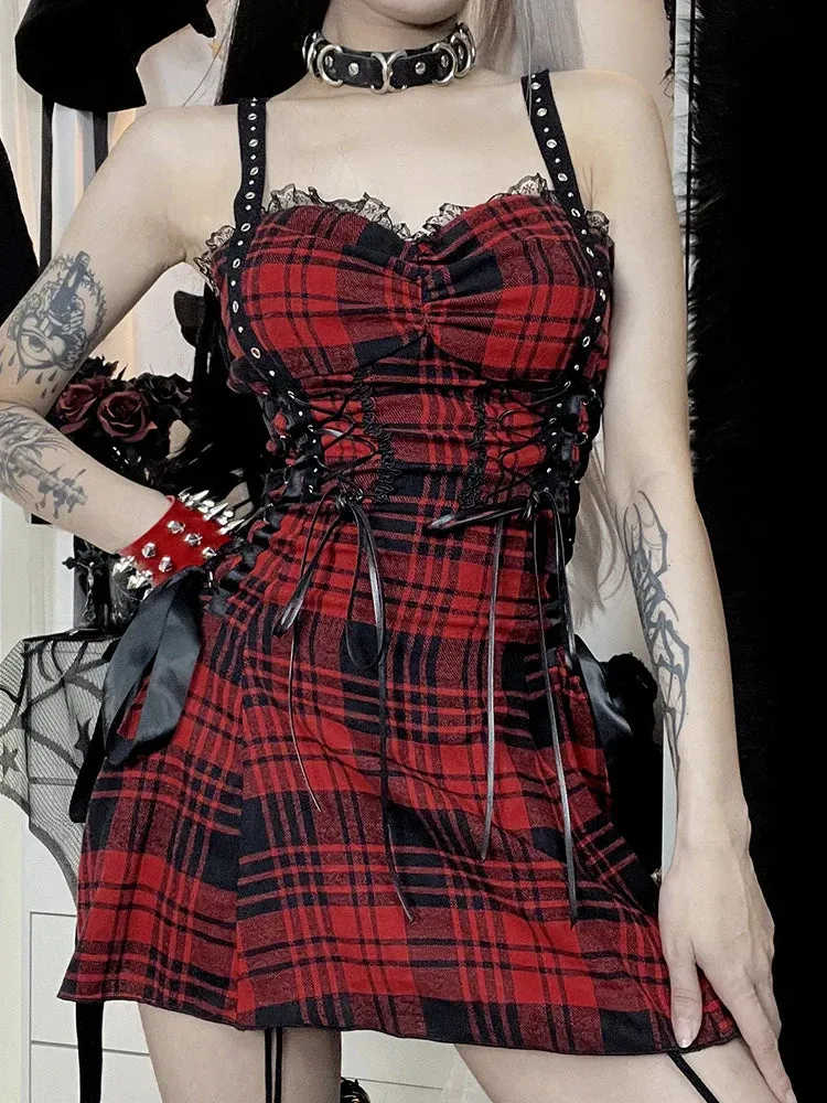 Red Corset Mini Eyelet Fairy Goth Plaid Street Lolita Lace-Up Pleated Tube Grunge Y2K Outfit