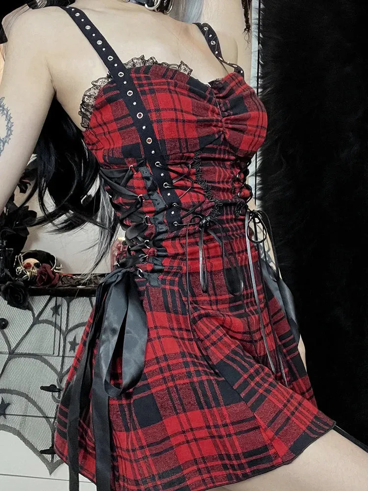 Red Corset Mini Eyelet Fairy Goth Plaid Street Lolita Lace-Up Pleated Tube Grunge Y2K Outfit