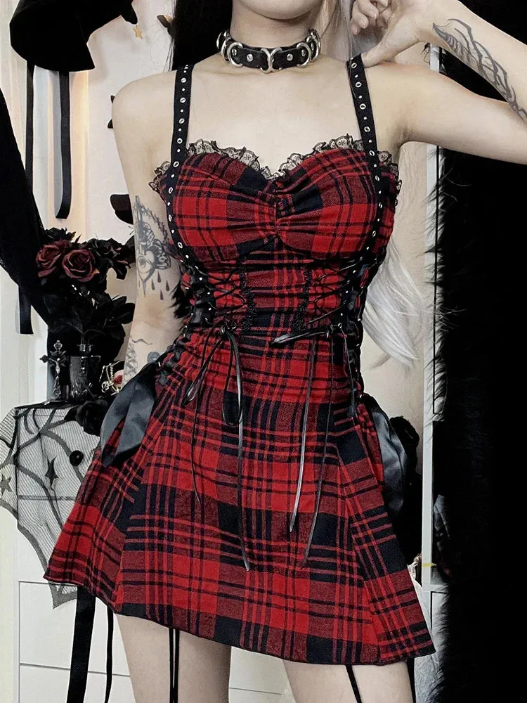 Red Corset Mini Eyelet Fairy Goth Plaid Street Lolita Lace-Up Pleated Tube Grunge Y2K Outfit