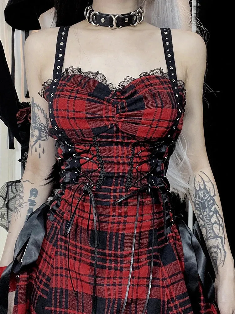 Red Corset Mini Eyelet Fairy Goth Plaid Street Lolita Lace-Up Pleated Tube Grunge Y2K Outfit