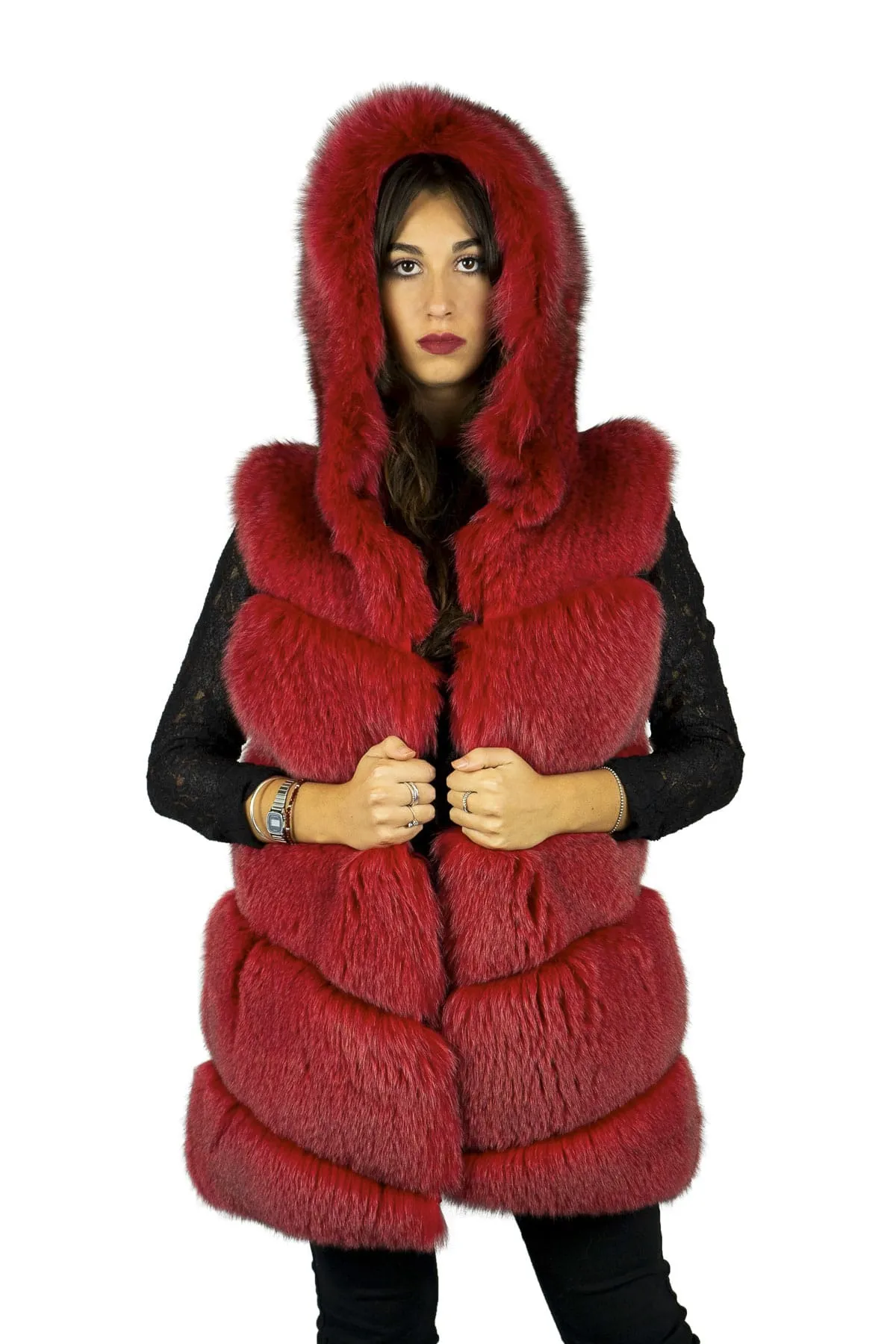 Red fox fur vest with hood