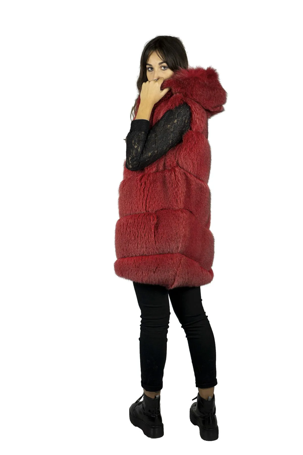 Red fox fur vest with hood