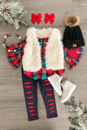 Red Plaid Bell Sleeve Fur Vest Set