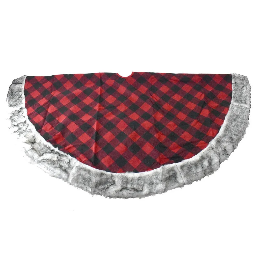 Red Plaid with Fur Trim Christmas Tree Skirt, 54-Inch