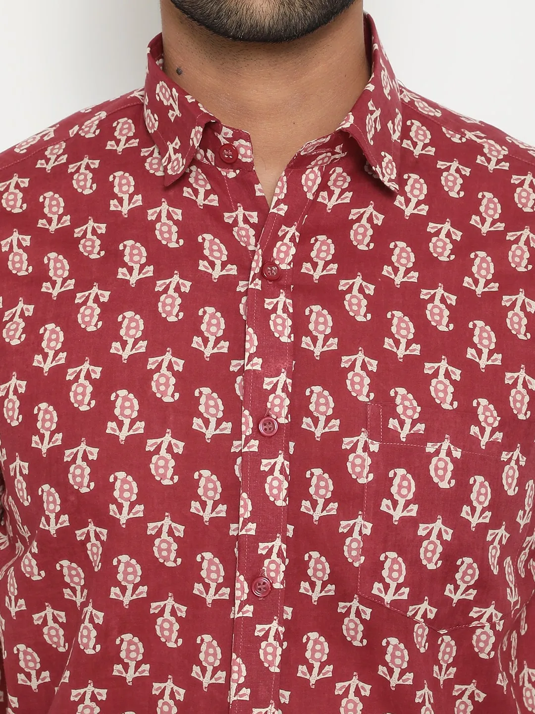 Red Short Sleeve Cotton Hand Block Printed Men’s Shirt