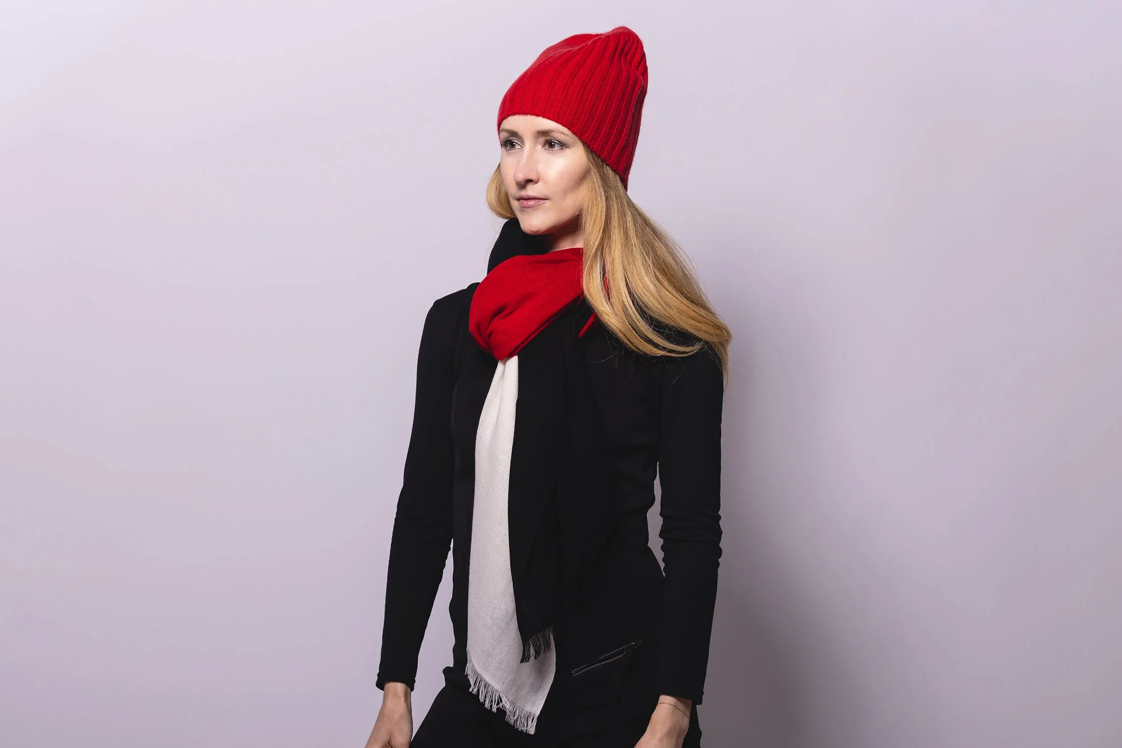 Ribbed Red Cashmere Hat with Black Pom-Pom