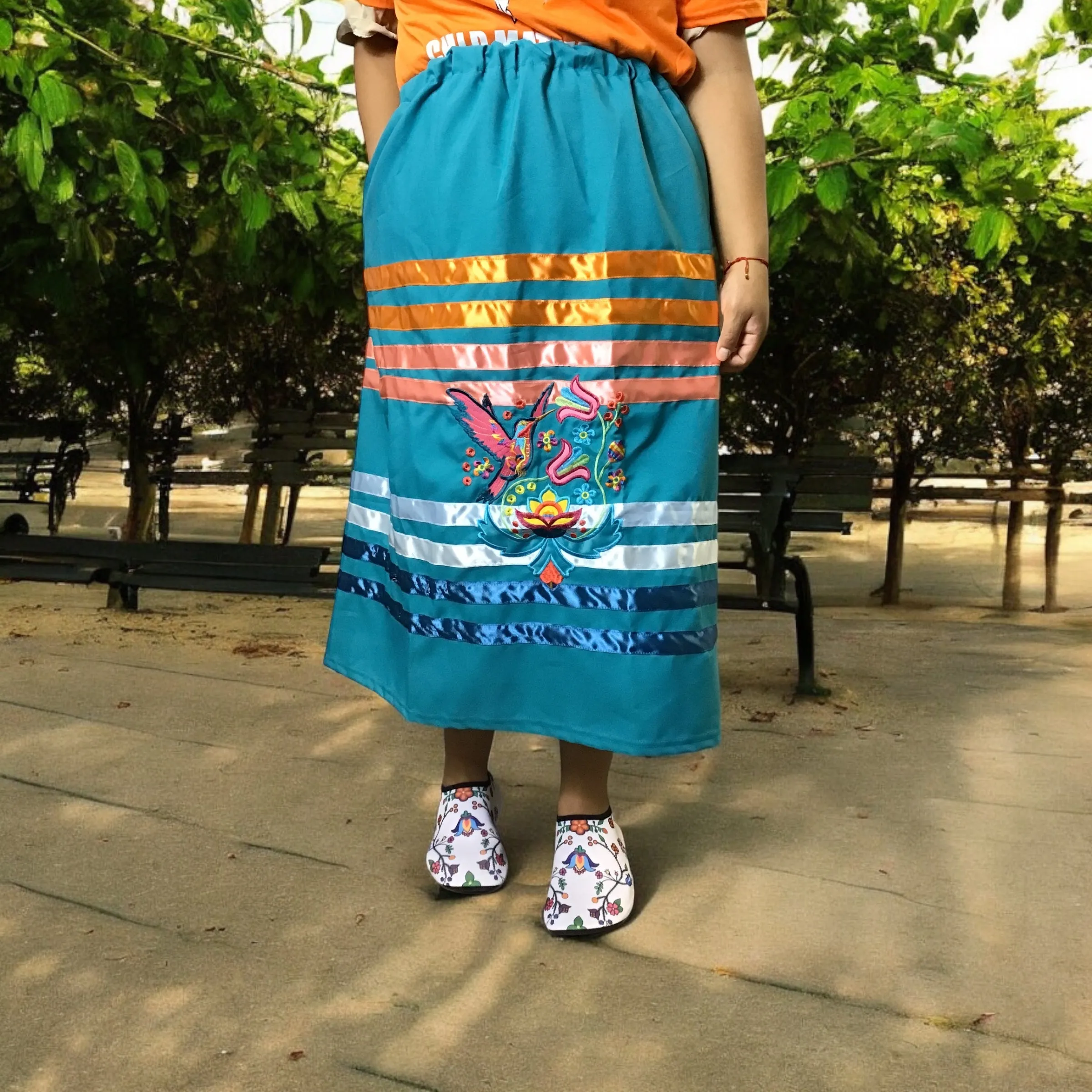 Ribbon Skirt with Hummingbird and Flower