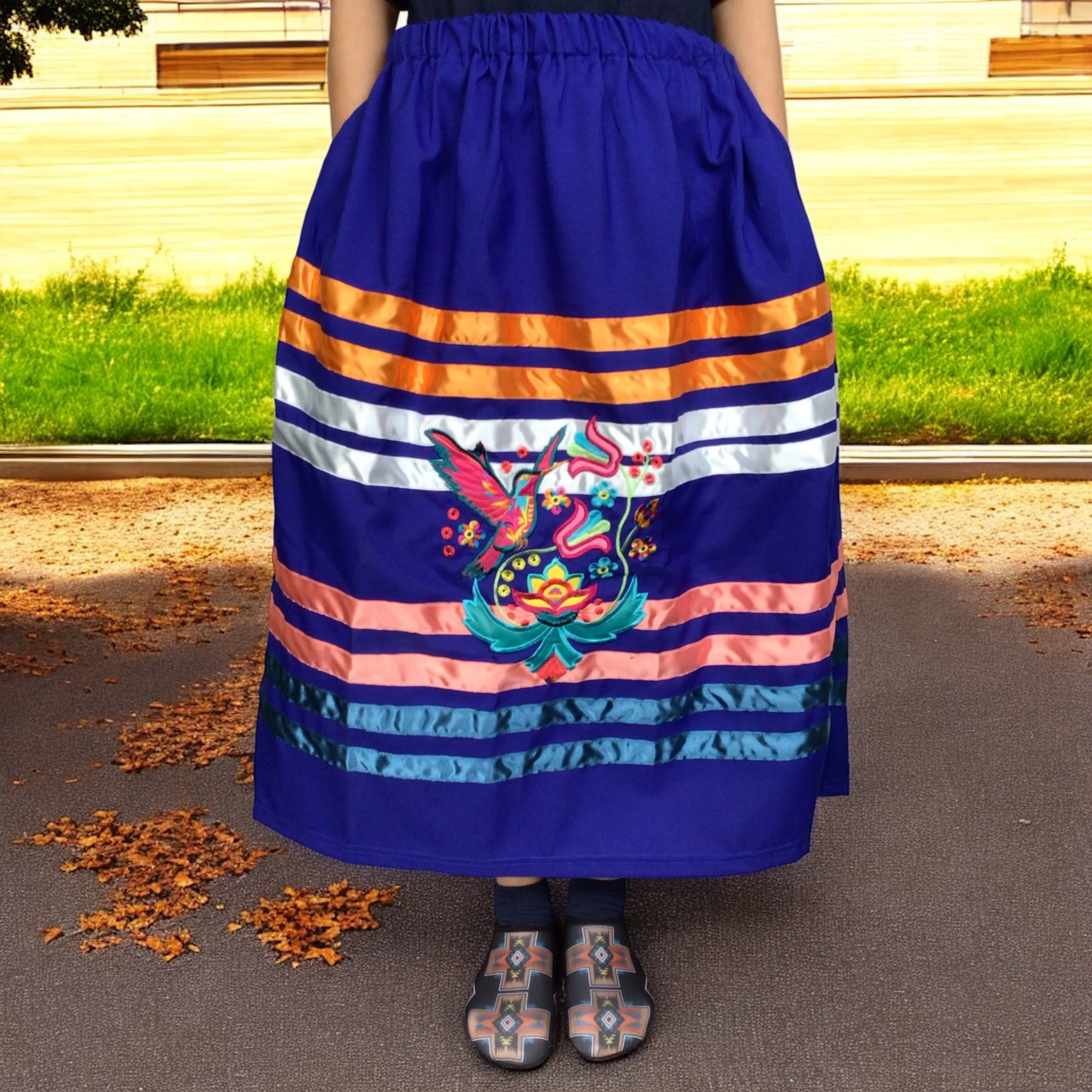 Ribbon Skirt with Hummingbird and Flower