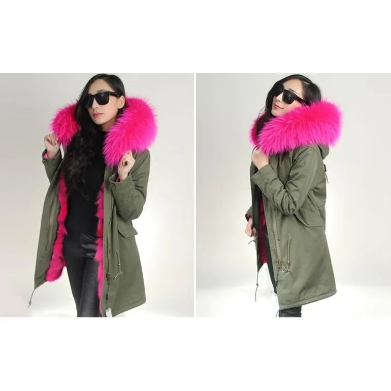 Rose Pink Fur Green Parka