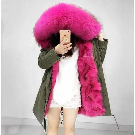 Rose Pink Fur Green Parka