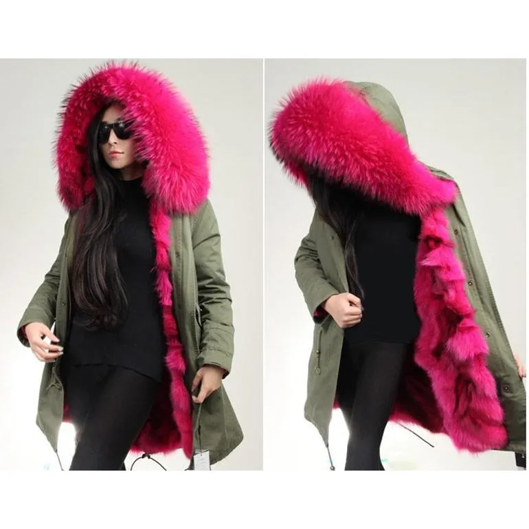 Rose Pink Fur Green Parka