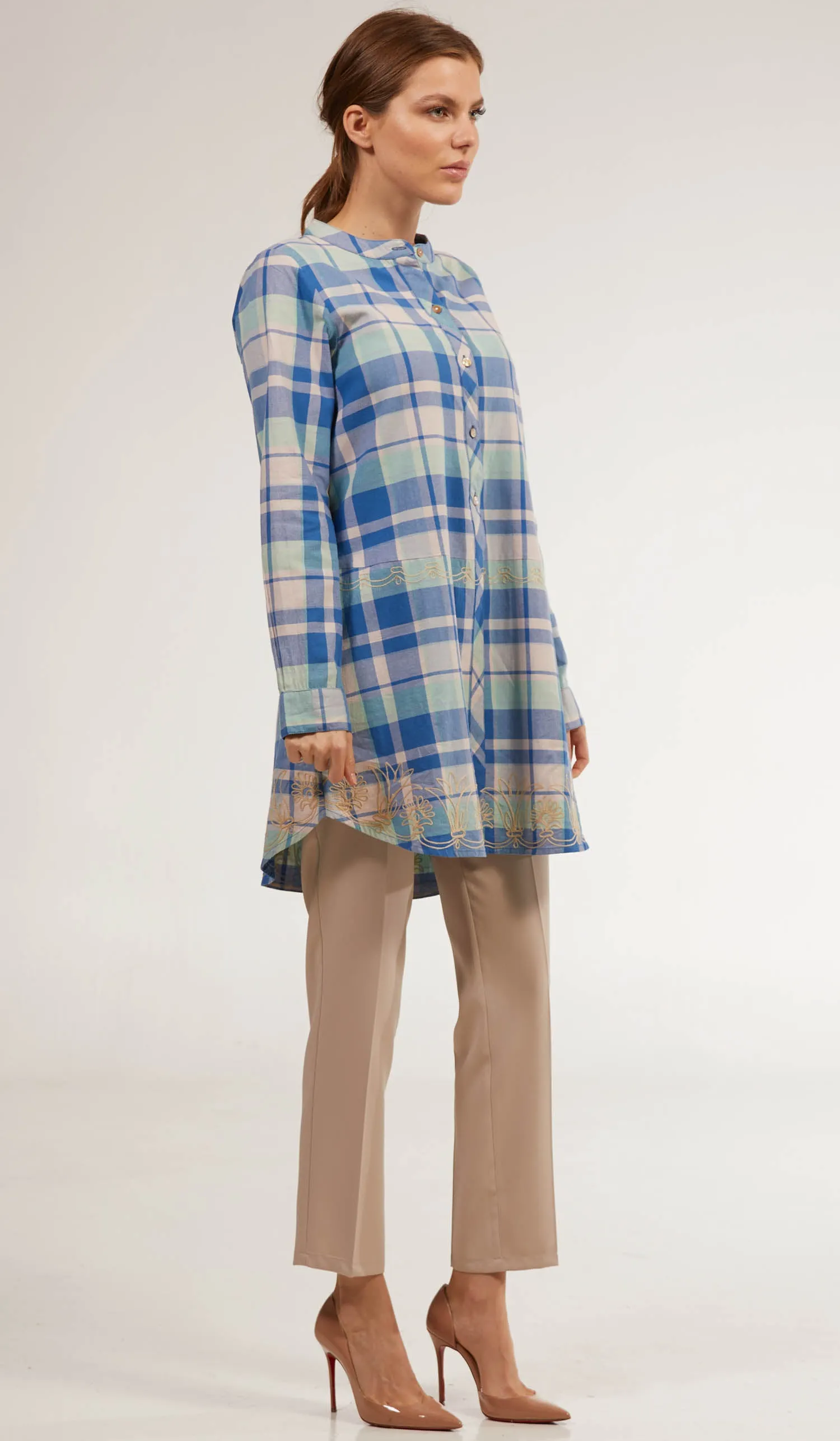 Sabeen Long Cotton Plaid Embroidered Tunic Dress - Blue - FINAL SALE