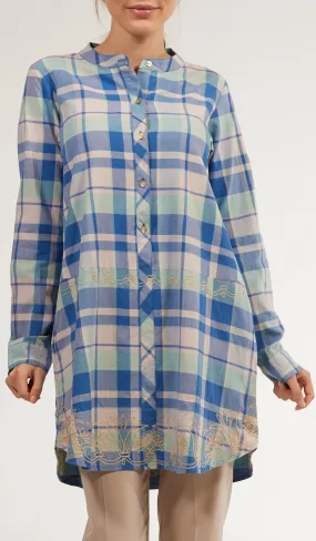 Sabeen Long Cotton Plaid Embroidered Tunic Dress - Blue - FINAL SALE