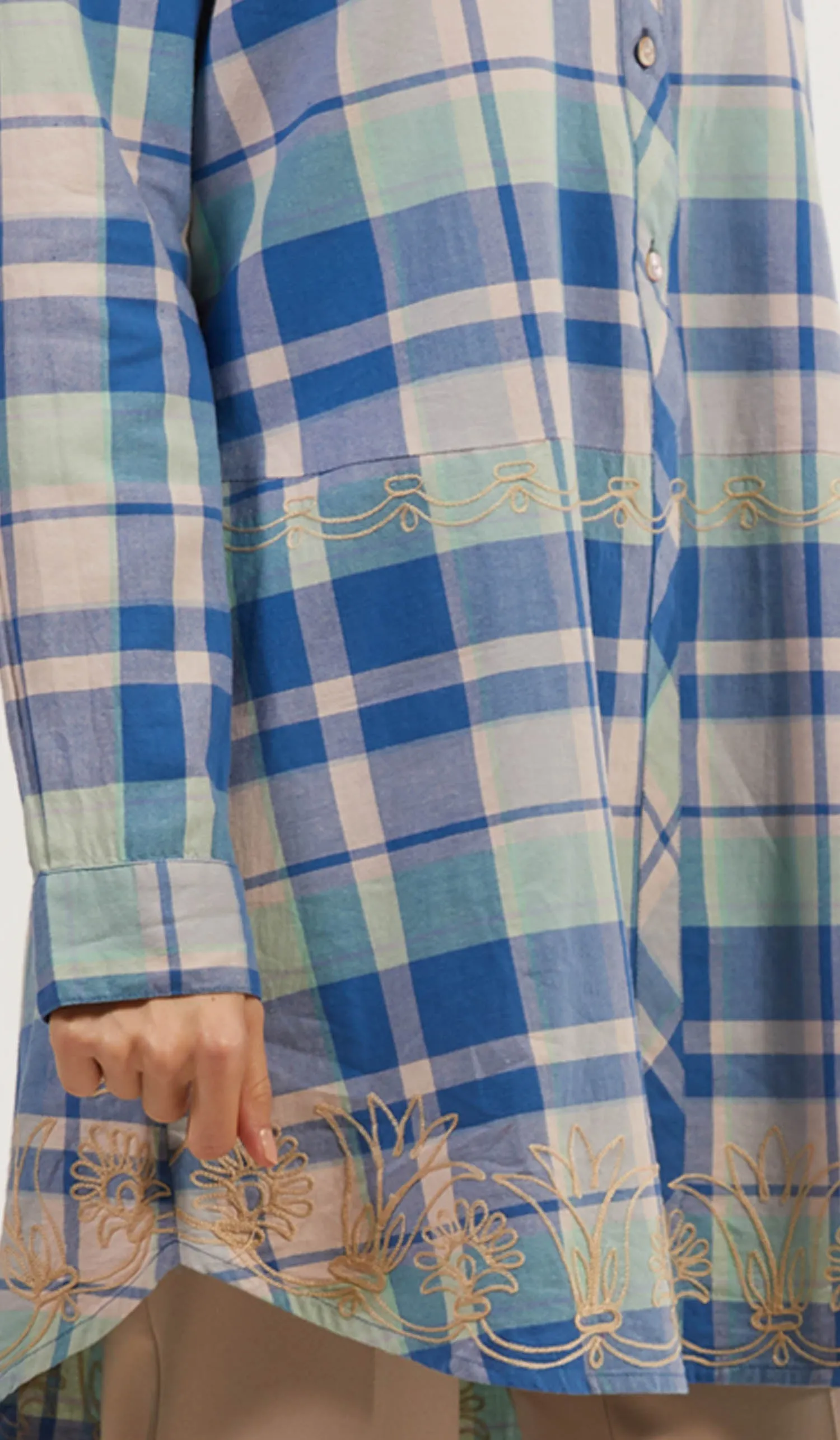 Sabeen Long Cotton Plaid Embroidered Tunic Dress - Blue - FINAL SALE