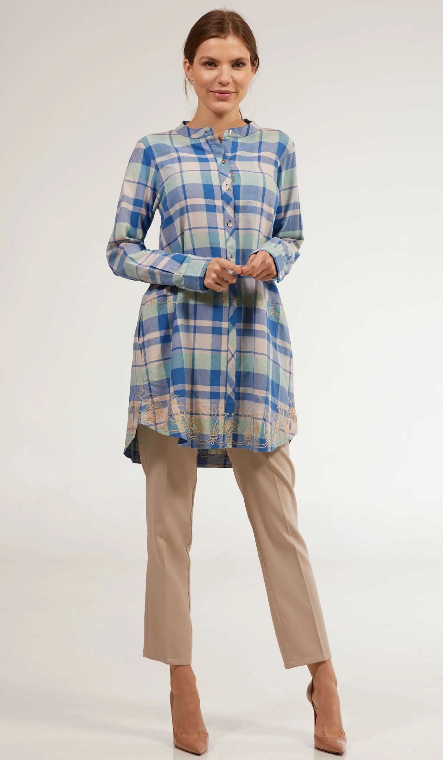 Sabeen Long Cotton Plaid Embroidered Tunic Dress - Blue - FINAL SALE