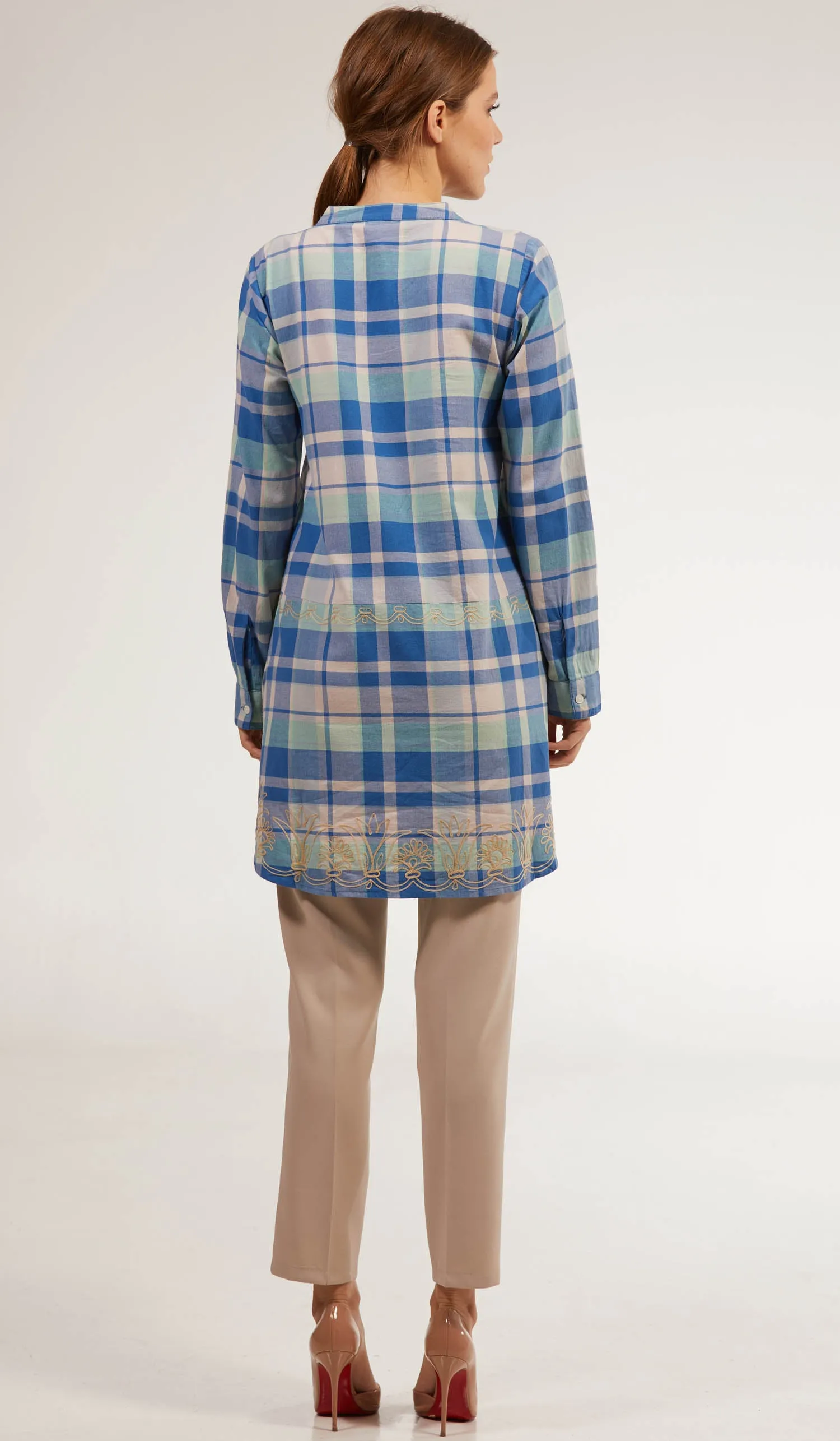 Sabeen Long Cotton Plaid Embroidered Tunic Dress - Blue - FINAL SALE