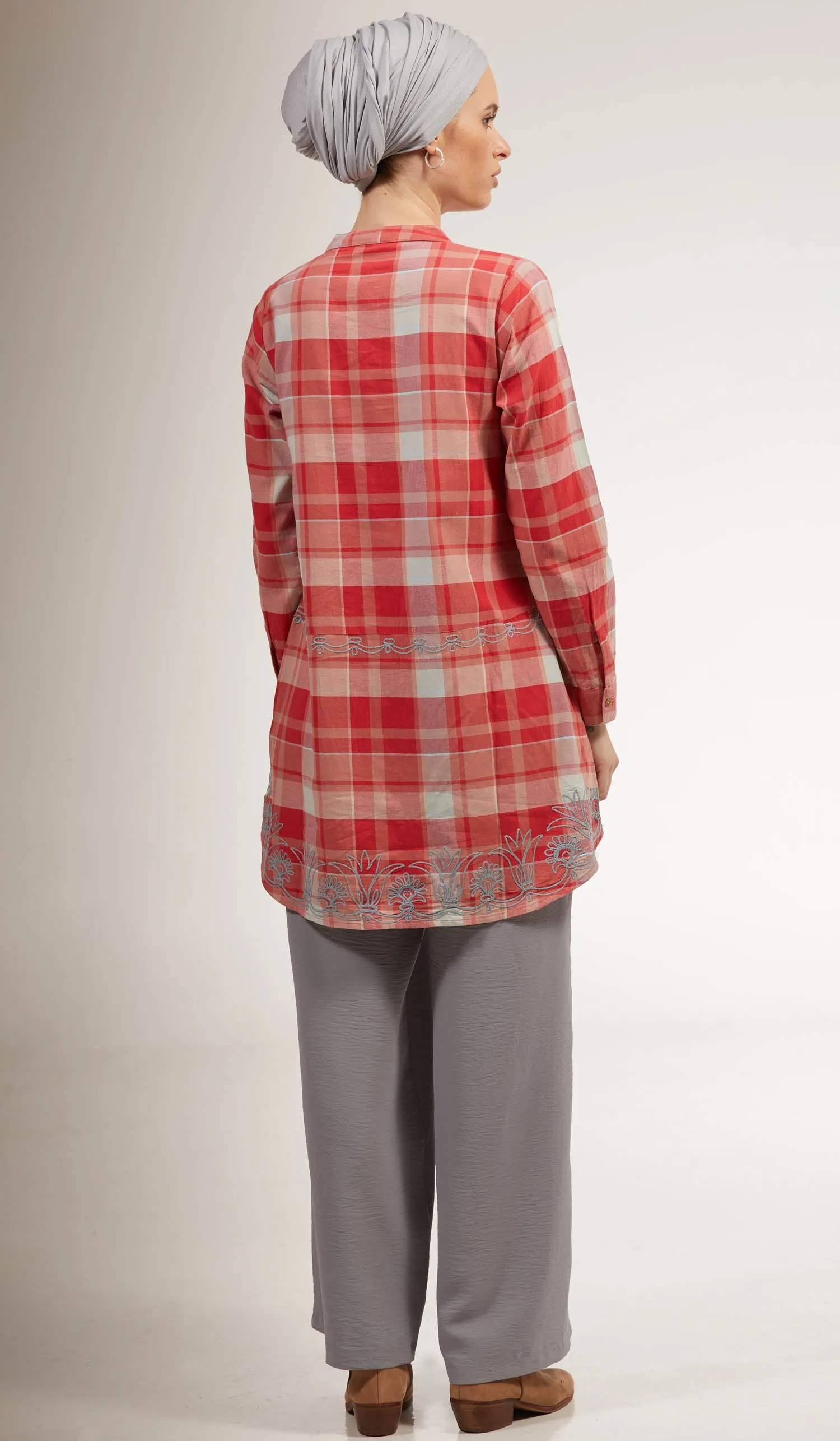 Sabeen Long Cotton Plaid Embroidered Tunic Dress - Clay - FINAL SALE