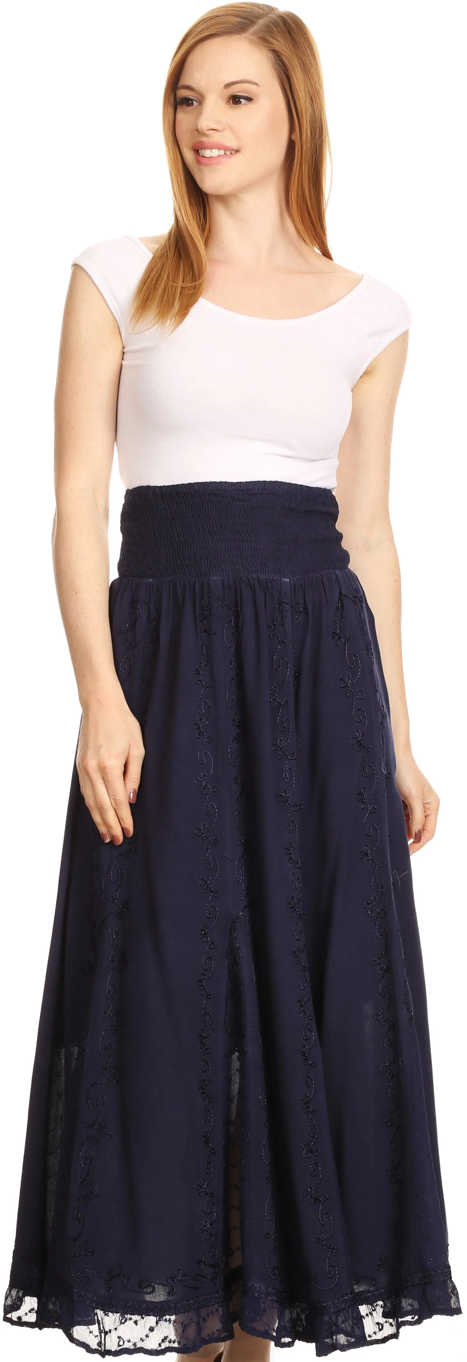 Sakkas Monola Long Tall Lace Embroidered Paneled Adjustable Waist Flare Skirt