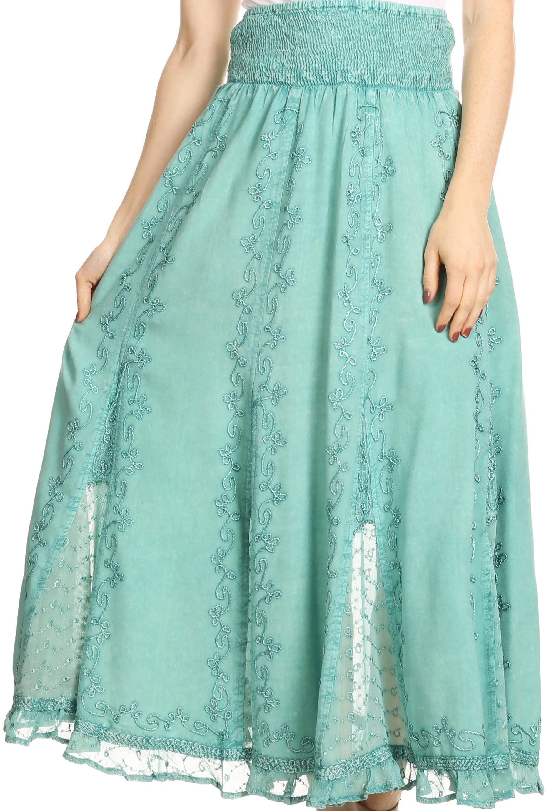 Sakkas Monola Long Tall Lace Embroidered Paneled Adjustable Waist Flare Skirt