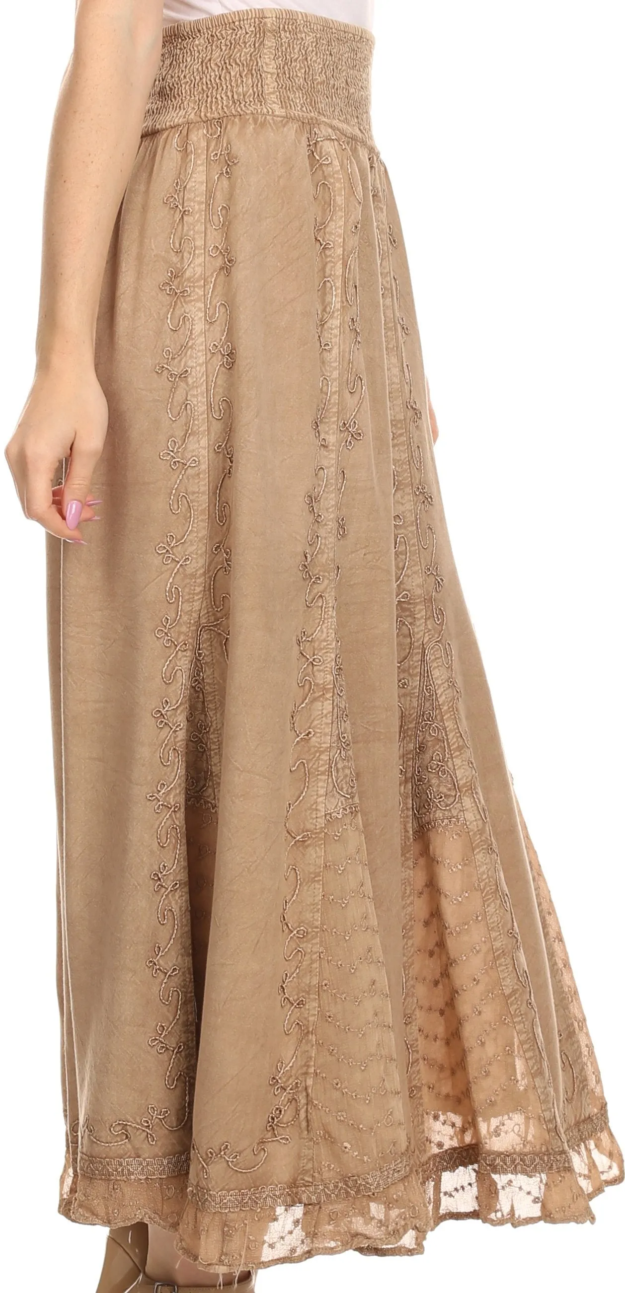 Sakkas Monola Long Tall Lace Embroidered Paneled Adjustable Waist Flare Skirt