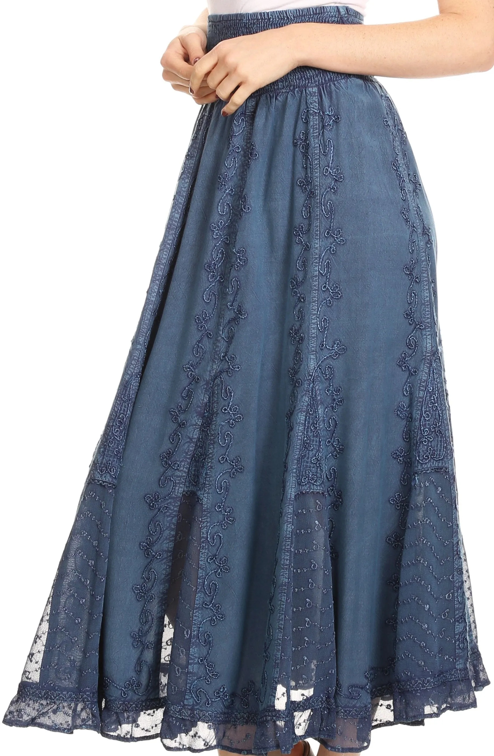 Sakkas Monola Long Tall Lace Embroidered Paneled Adjustable Waist Flare Skirt