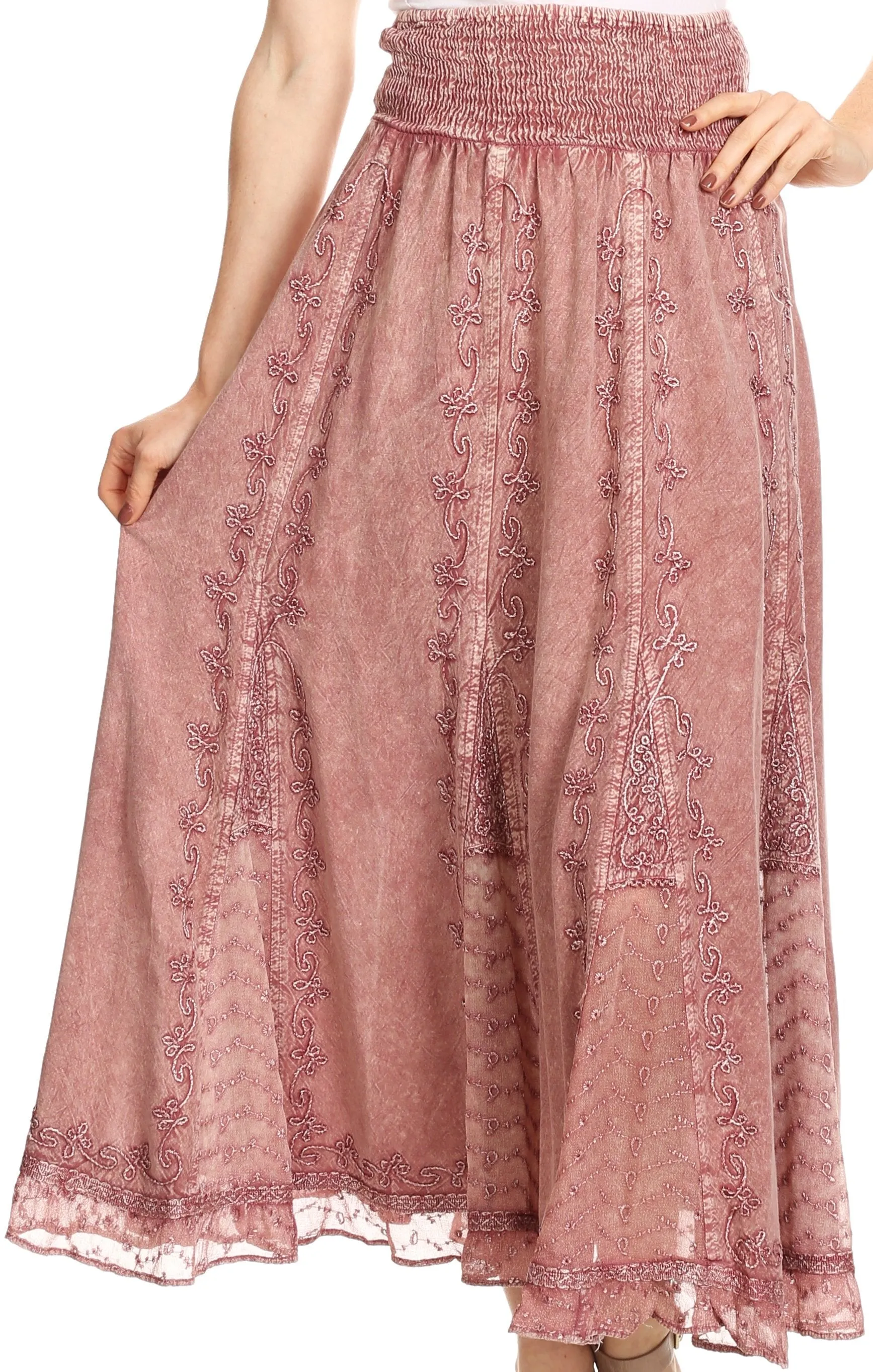 Sakkas Monola Long Tall Lace Embroidered Paneled Adjustable Waist Flare Skirt