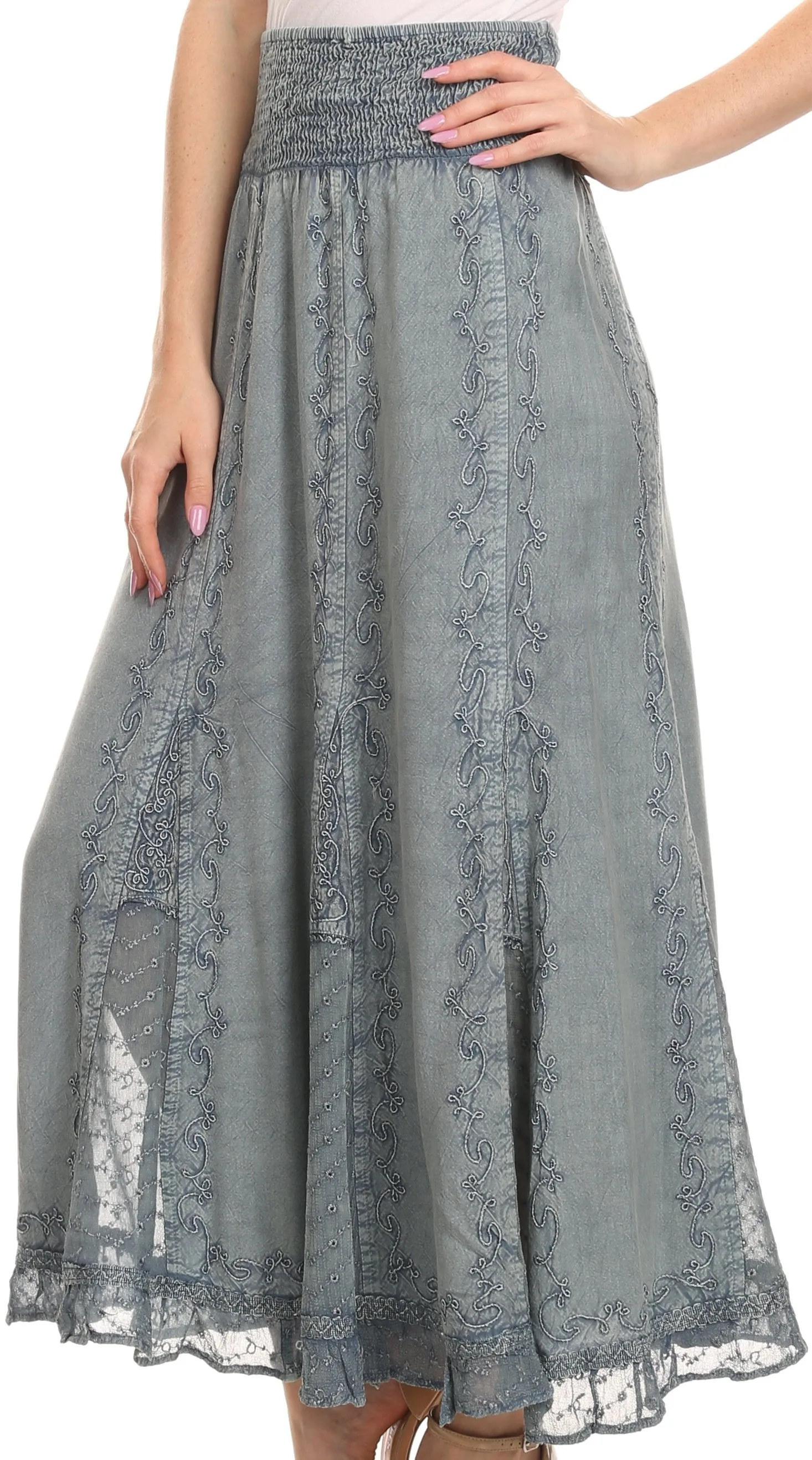 Sakkas Monola Long Tall Lace Embroidered Paneled Adjustable Waist Flare Skirt