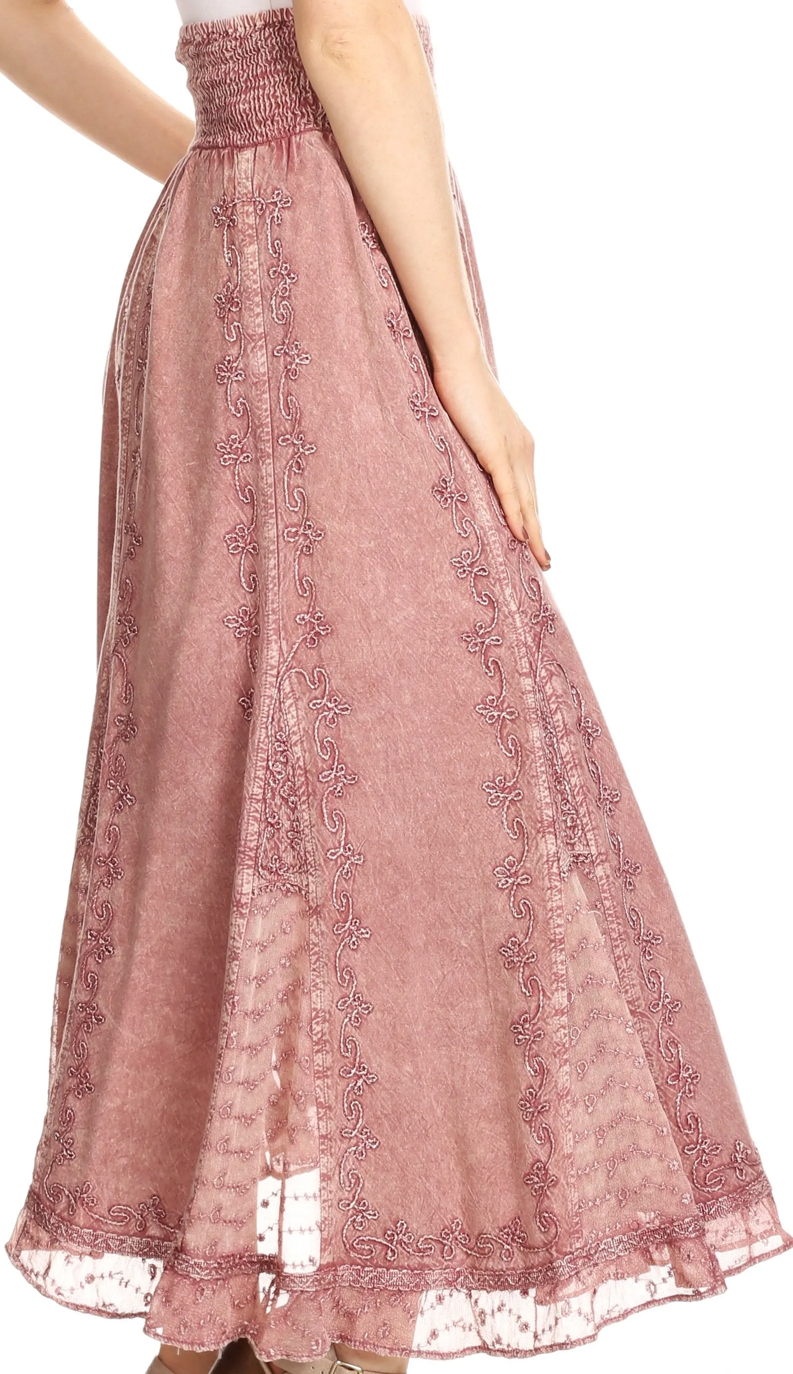 Sakkas Monola Long Tall Lace Embroidered Paneled Adjustable Waist Flare Skirt