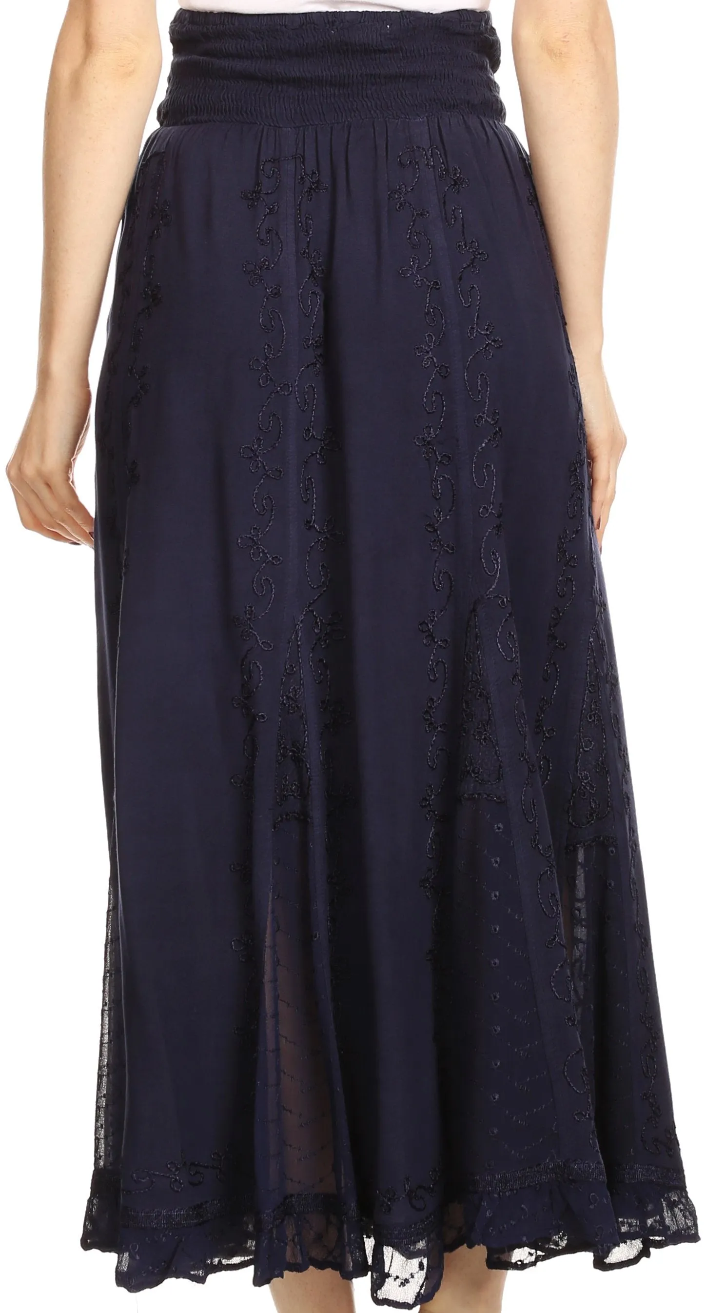 Sakkas Monola Long Tall Lace Embroidered Paneled Adjustable Waist Flare Skirt