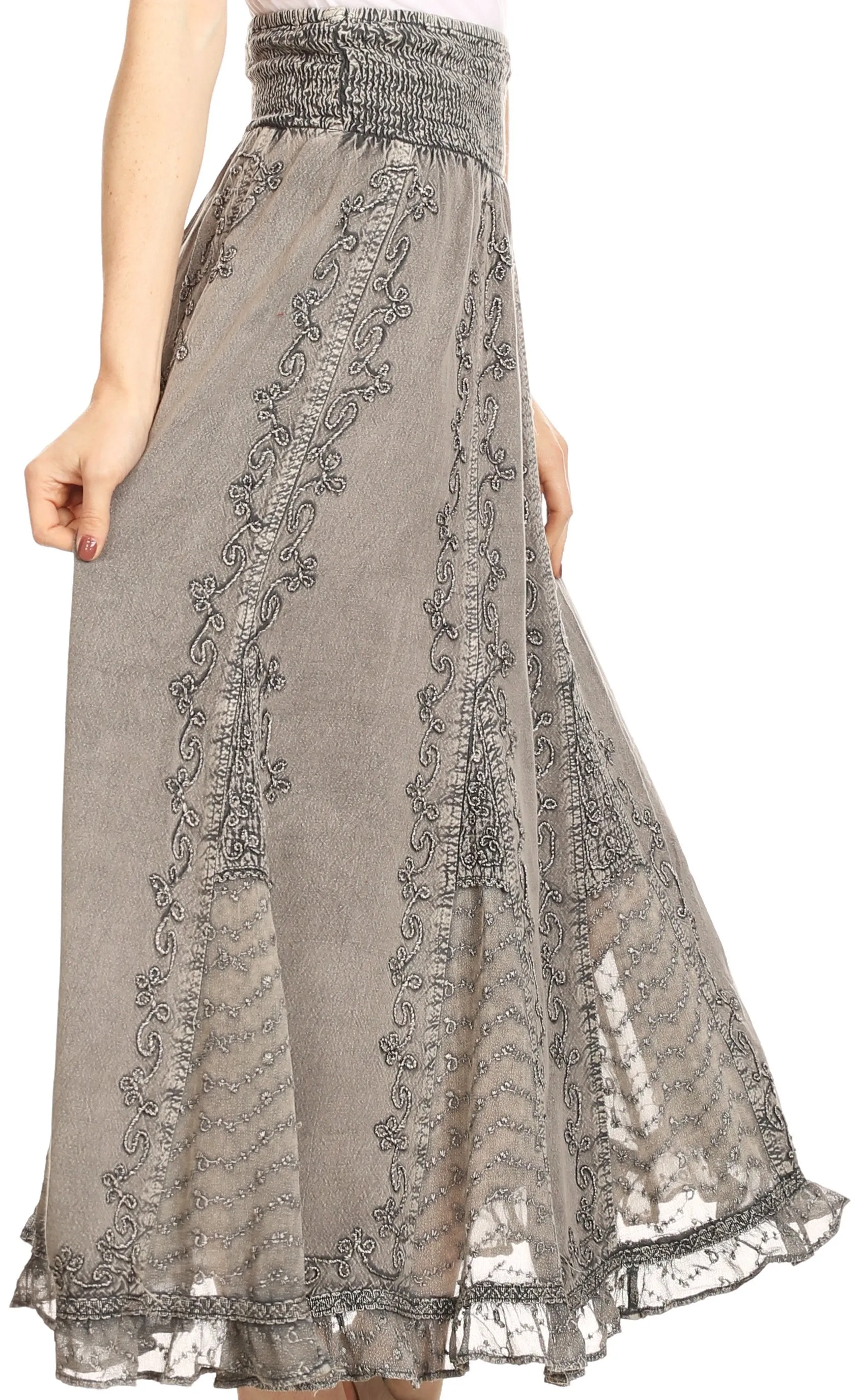 Sakkas Monola Long Tall Lace Embroidered Paneled Adjustable Waist Flare Skirt