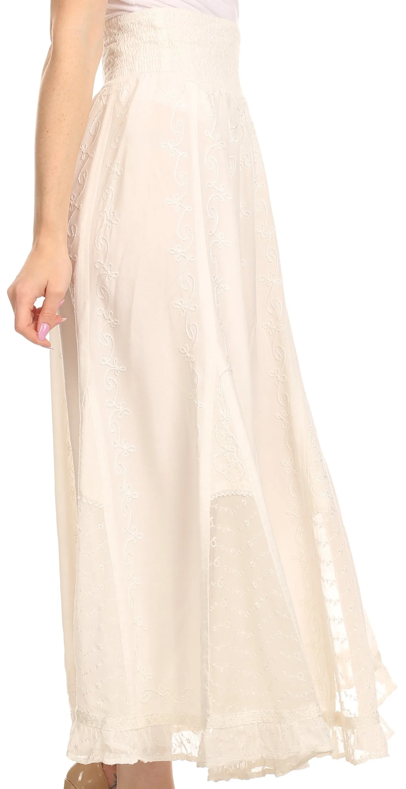 Sakkas Monola Long Tall Lace Embroidered Paneled Adjustable Waist Flare Skirt