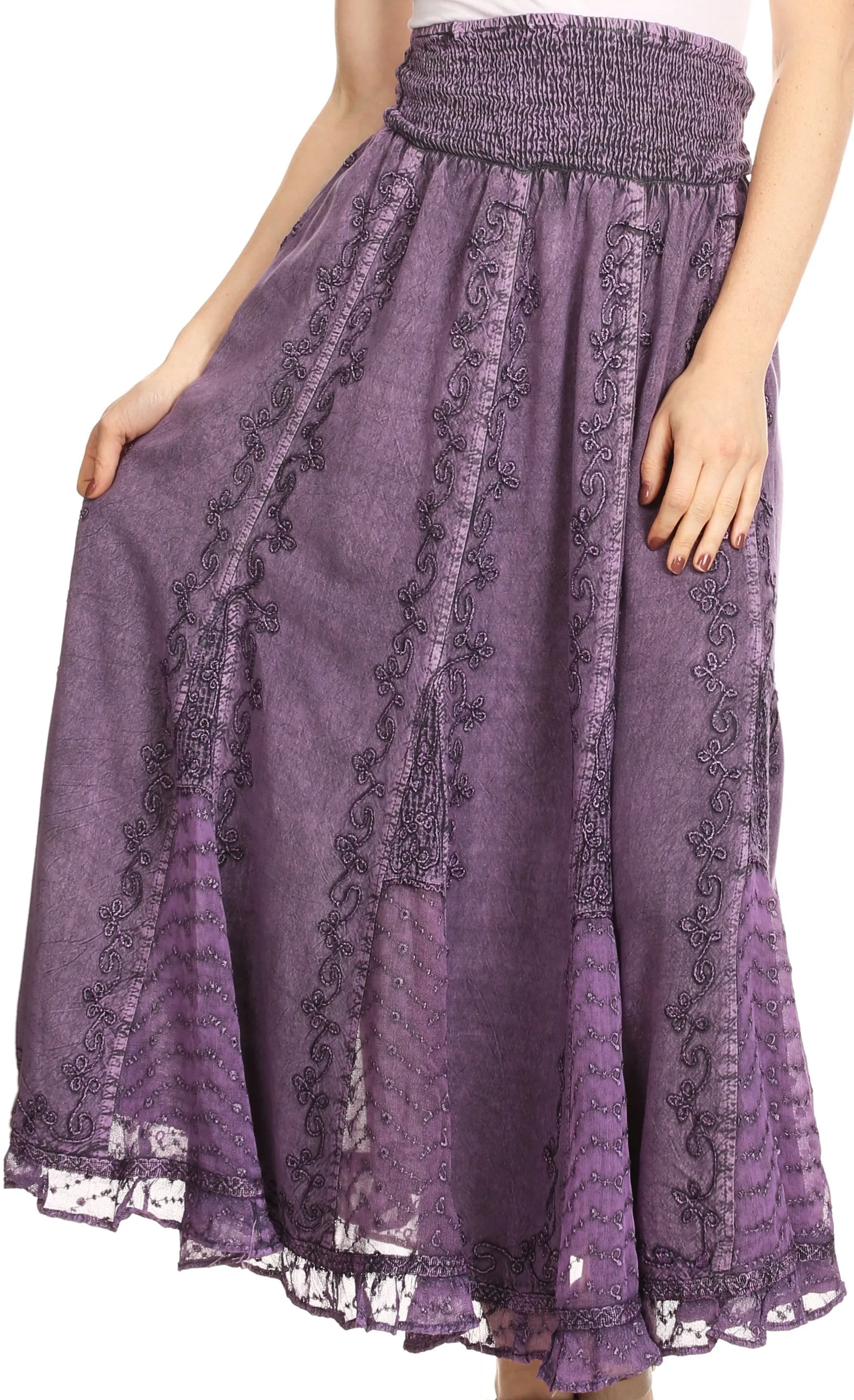 Sakkas Monola Long Tall Lace Embroidered Paneled Adjustable Waist Flare Skirt