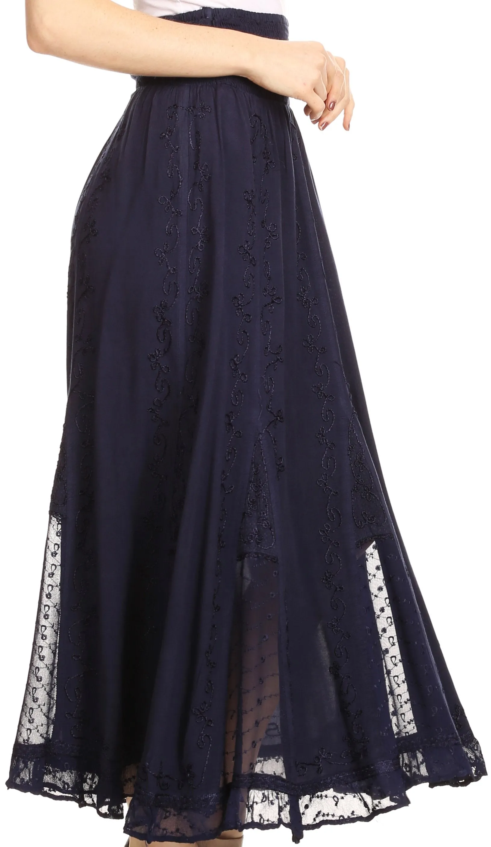 Sakkas Monola Long Tall Lace Embroidered Paneled Adjustable Waist Flare Skirt